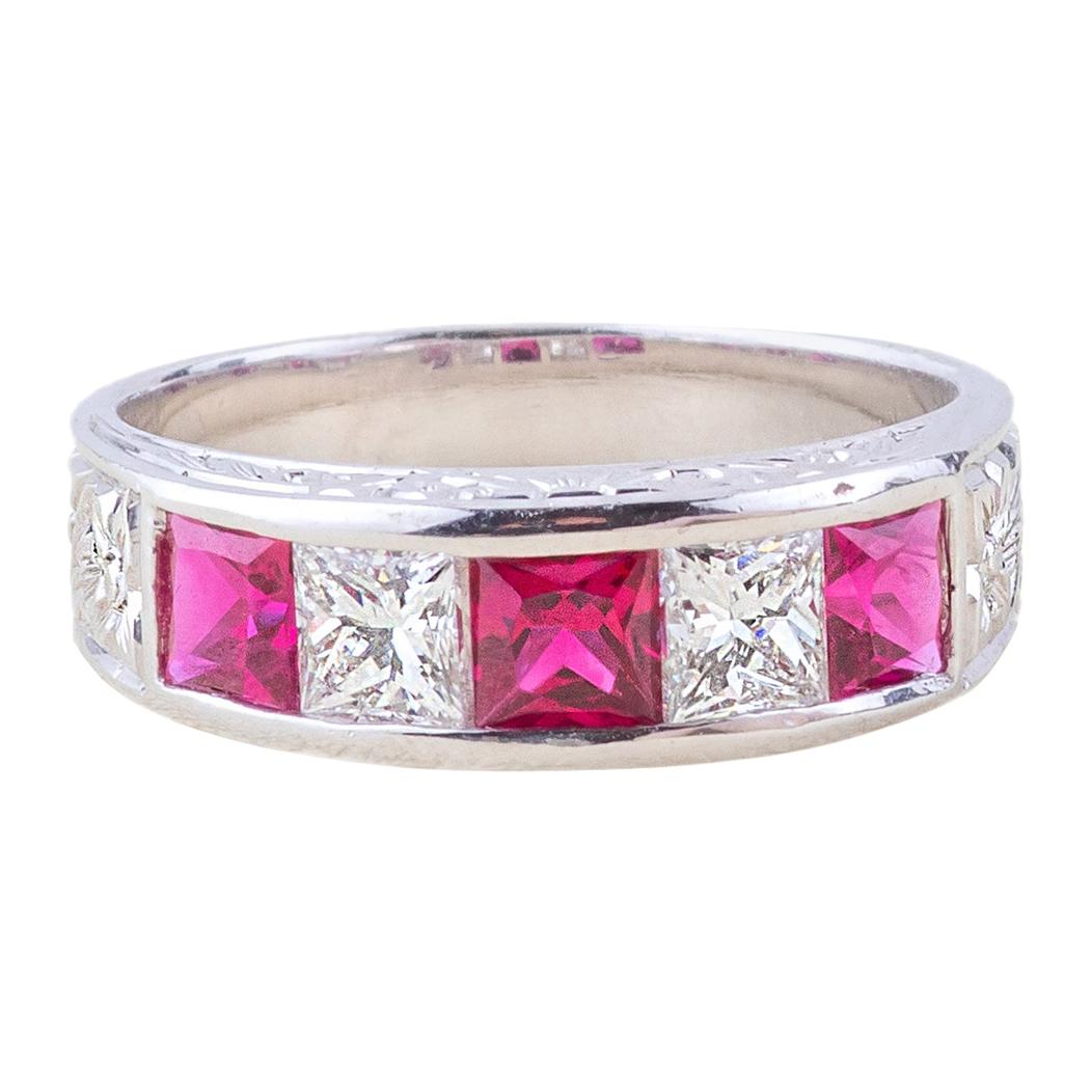 Ruby Diamond Baquettes Ring in White Gold