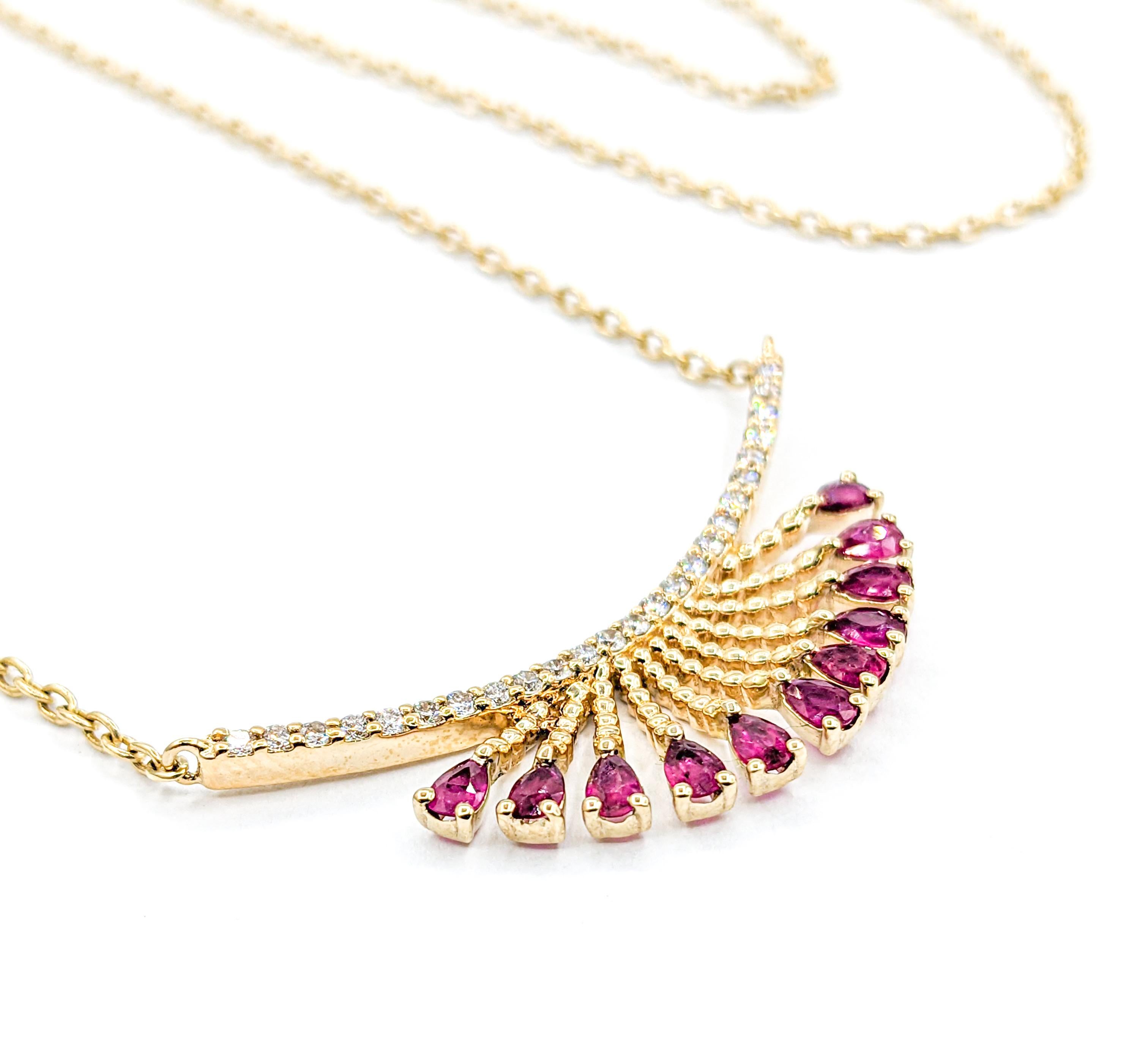 Pear Cut Ruby & Diamond Bar Necklace in Gold For Sale