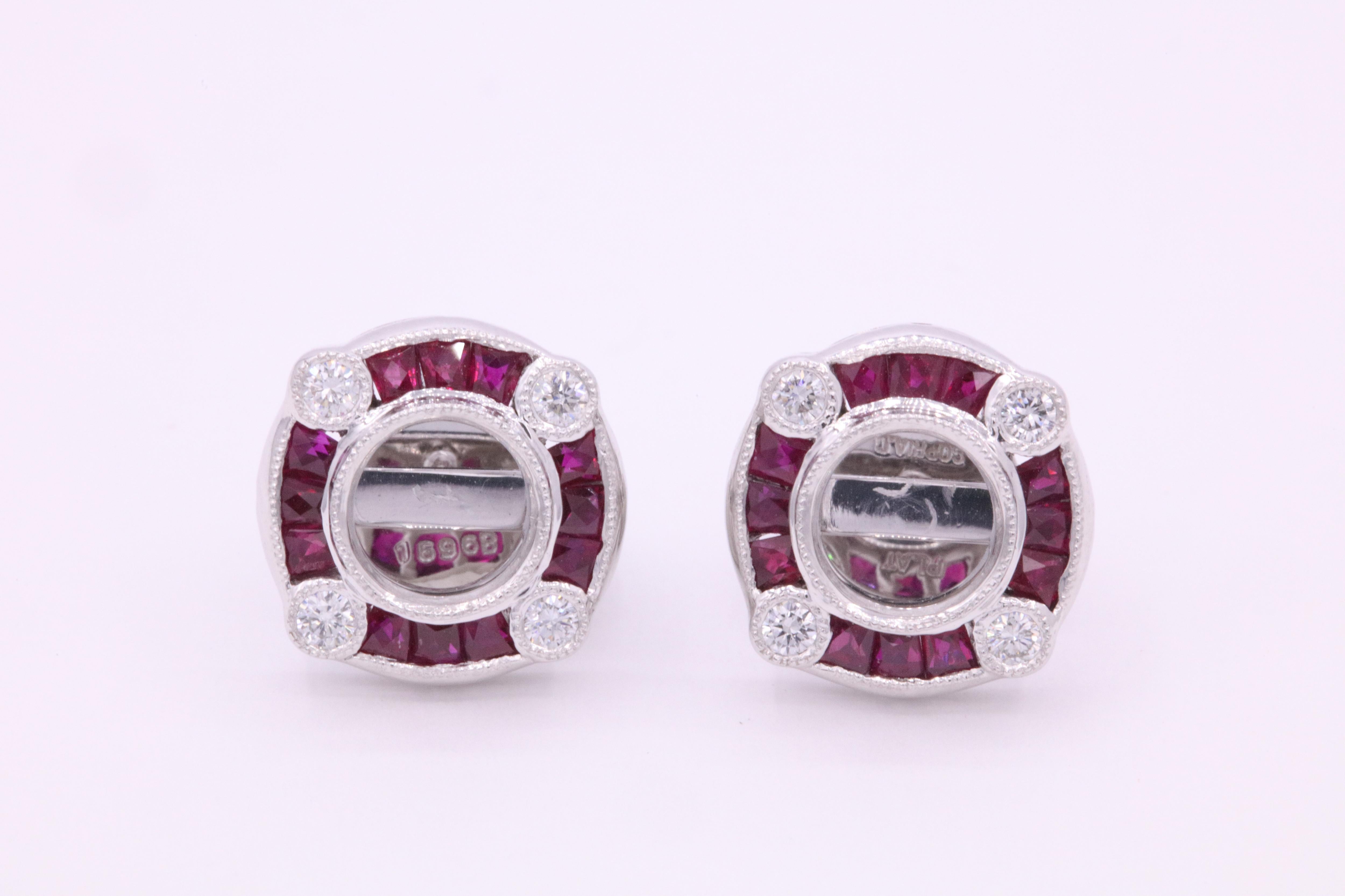 Art Deco inspired earring mountings featuring red rubies weighing 1.44 carats and round brilliants weighing 0.28 carats, crafted in platinum. 

Harbor diamonds can mount your own diamond studs or gemstone.
