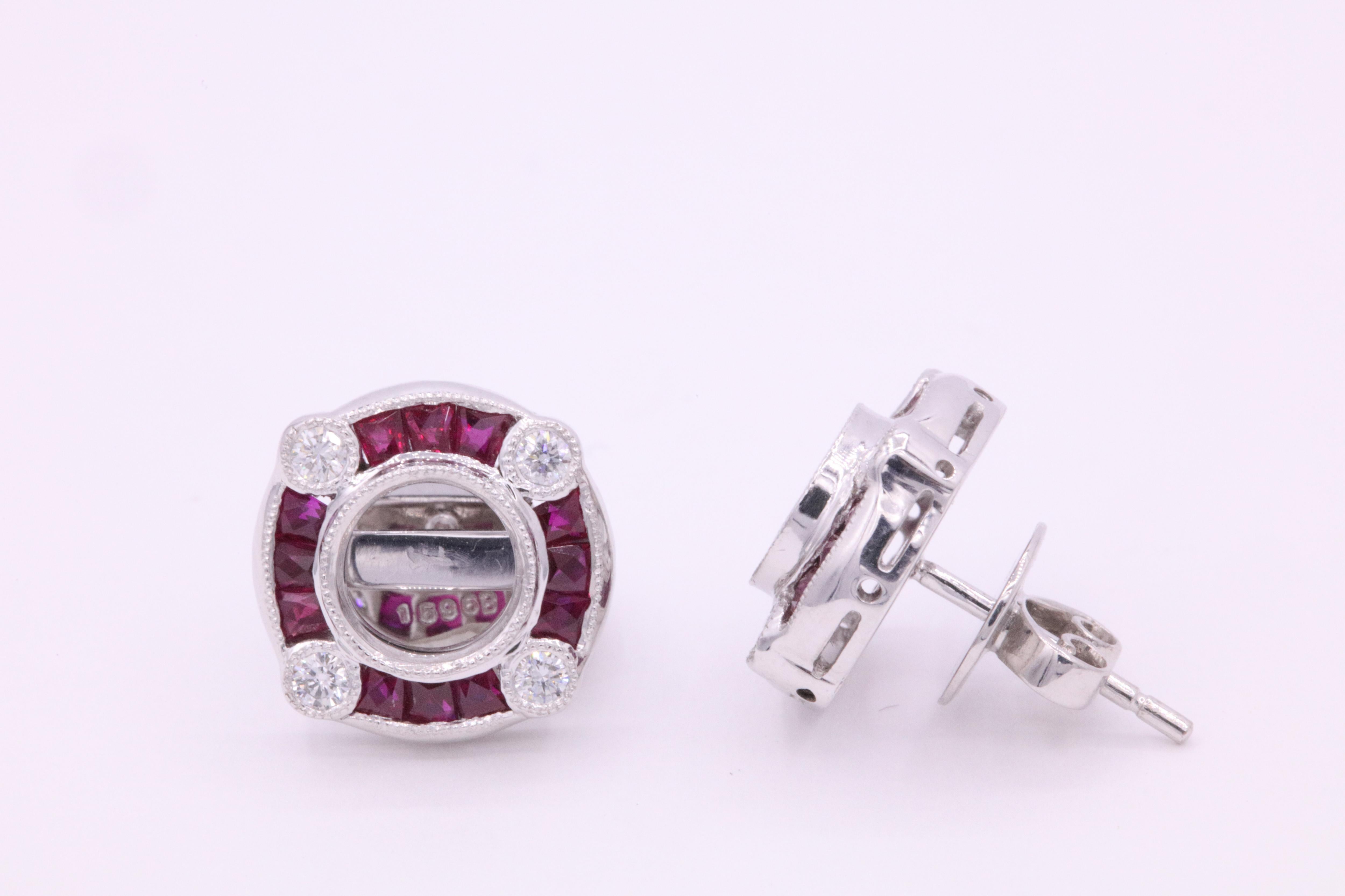 Art Deco Ruby Diamond Bezel Set Earrings 1.72 Carat Platinum