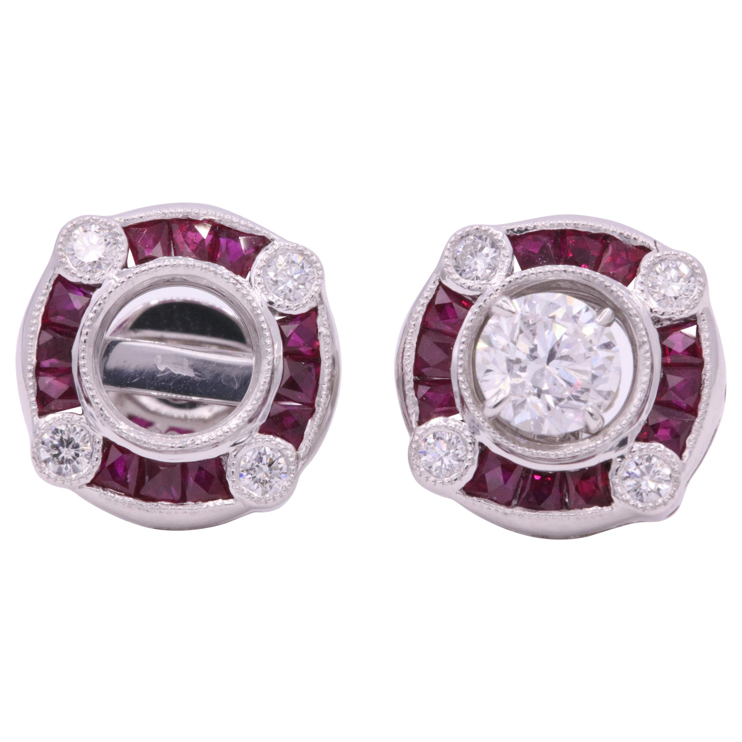 Ruby Diamond Bezel Set Earrings 1.72 Carat Platinum