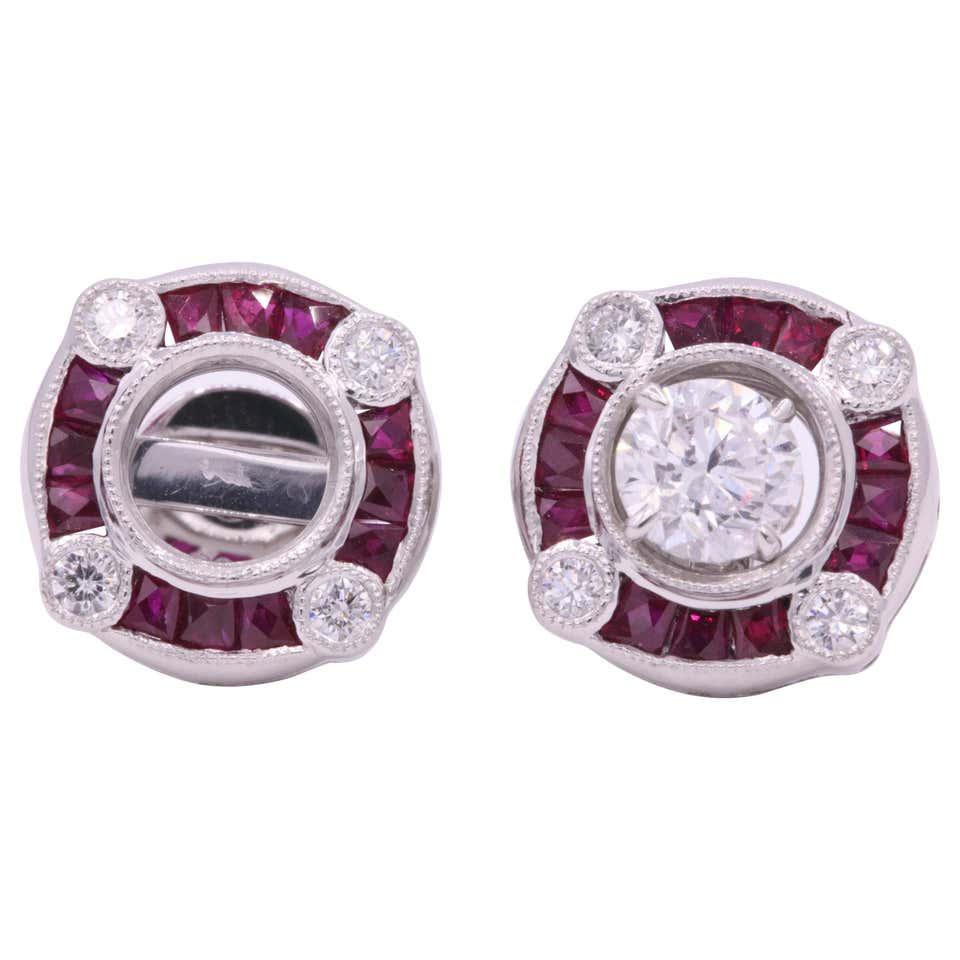 Ruby Diamond Bezel Set Earrings 1.72 Carat Platinum For Sale at 1stDibs