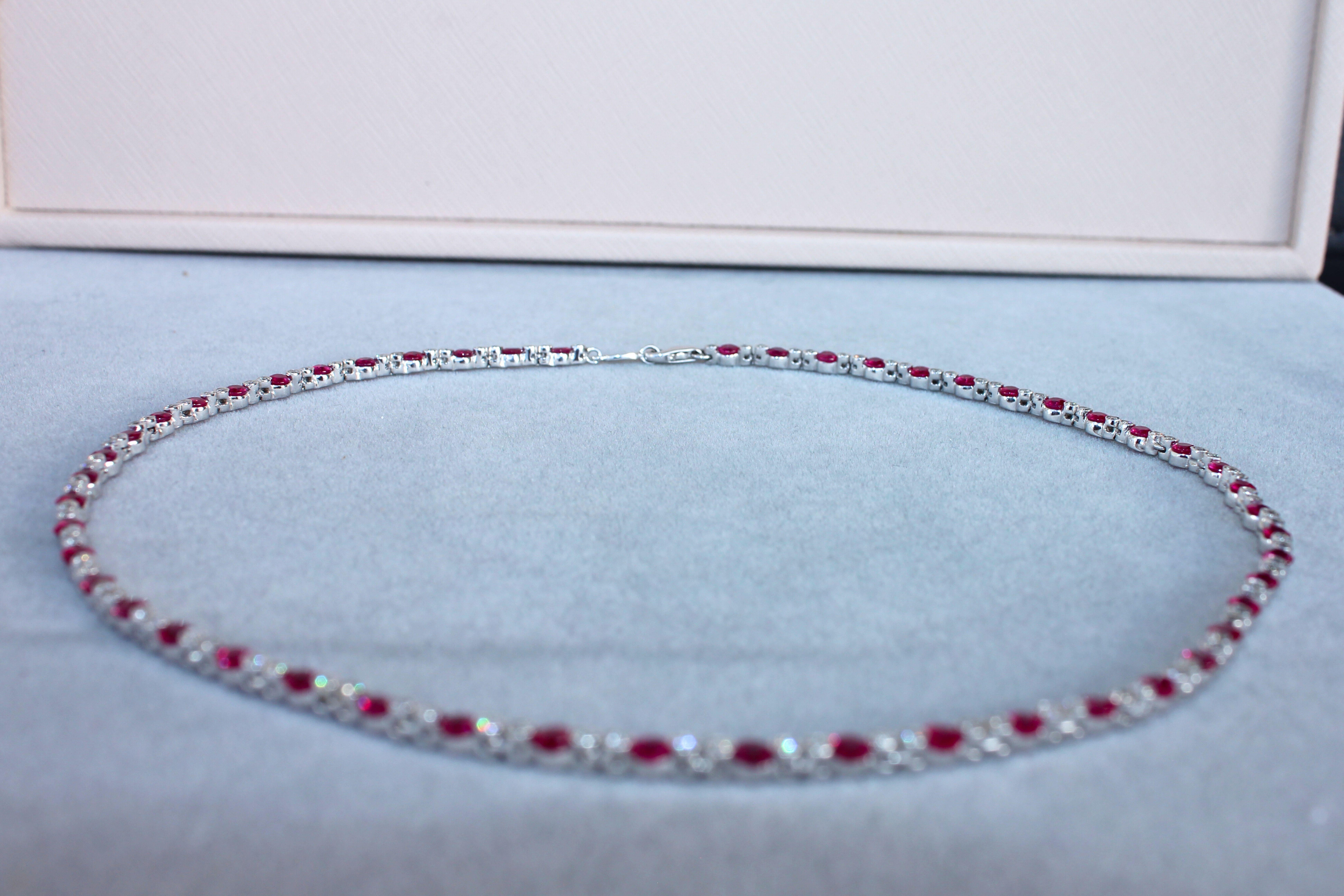 Ruby Diamond Bezel Set Tennis Line 14K White Gold Classic Set Unique Necklace en vente 2