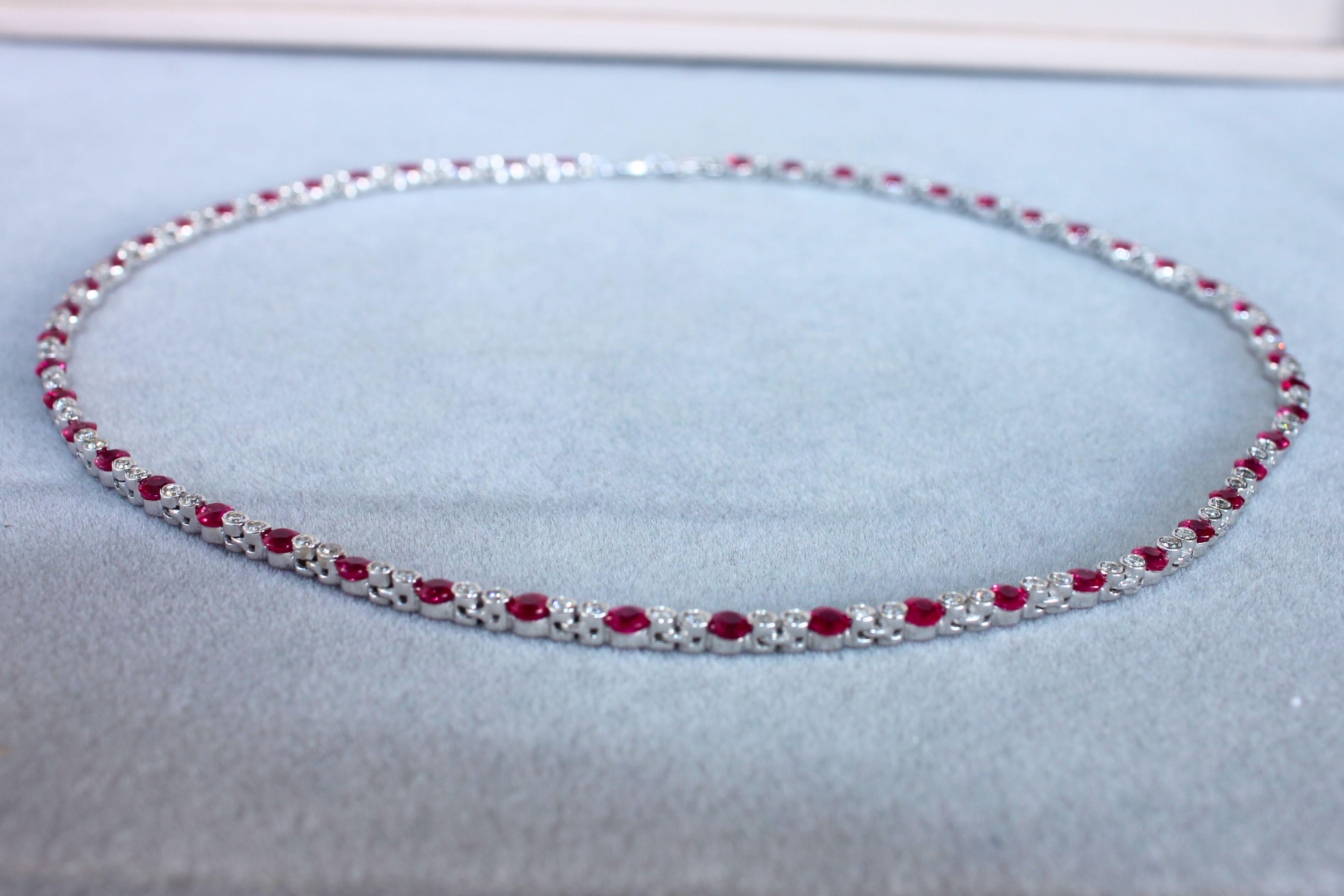 Ruby Diamond Bezel Set Tennis Line 14K White Gold Classic Set Unique Necklace en vente 3