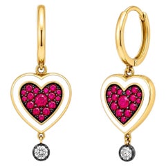 Ruby Diamond Birthstone Heart Drop Earrings 14K Gold by Meghna Jewels