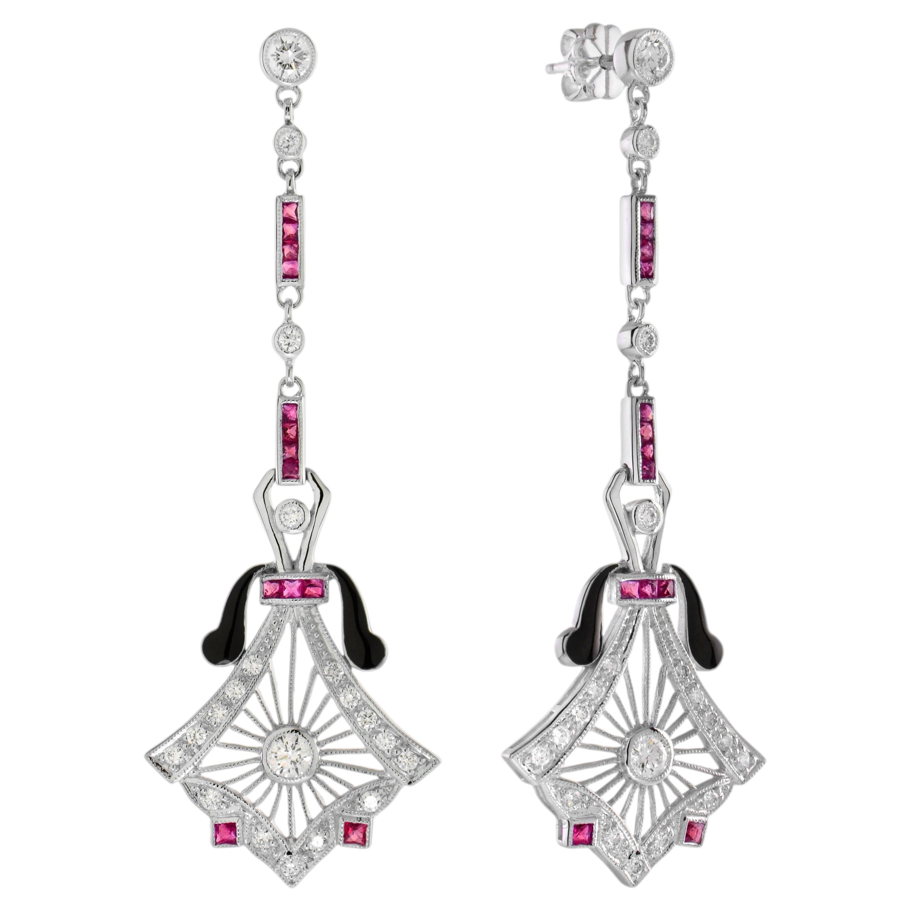 Rubin Diamant Schwarz Emaille Art Deco Stil durchbrochene Ohrringe in 14K Gold im Angebot