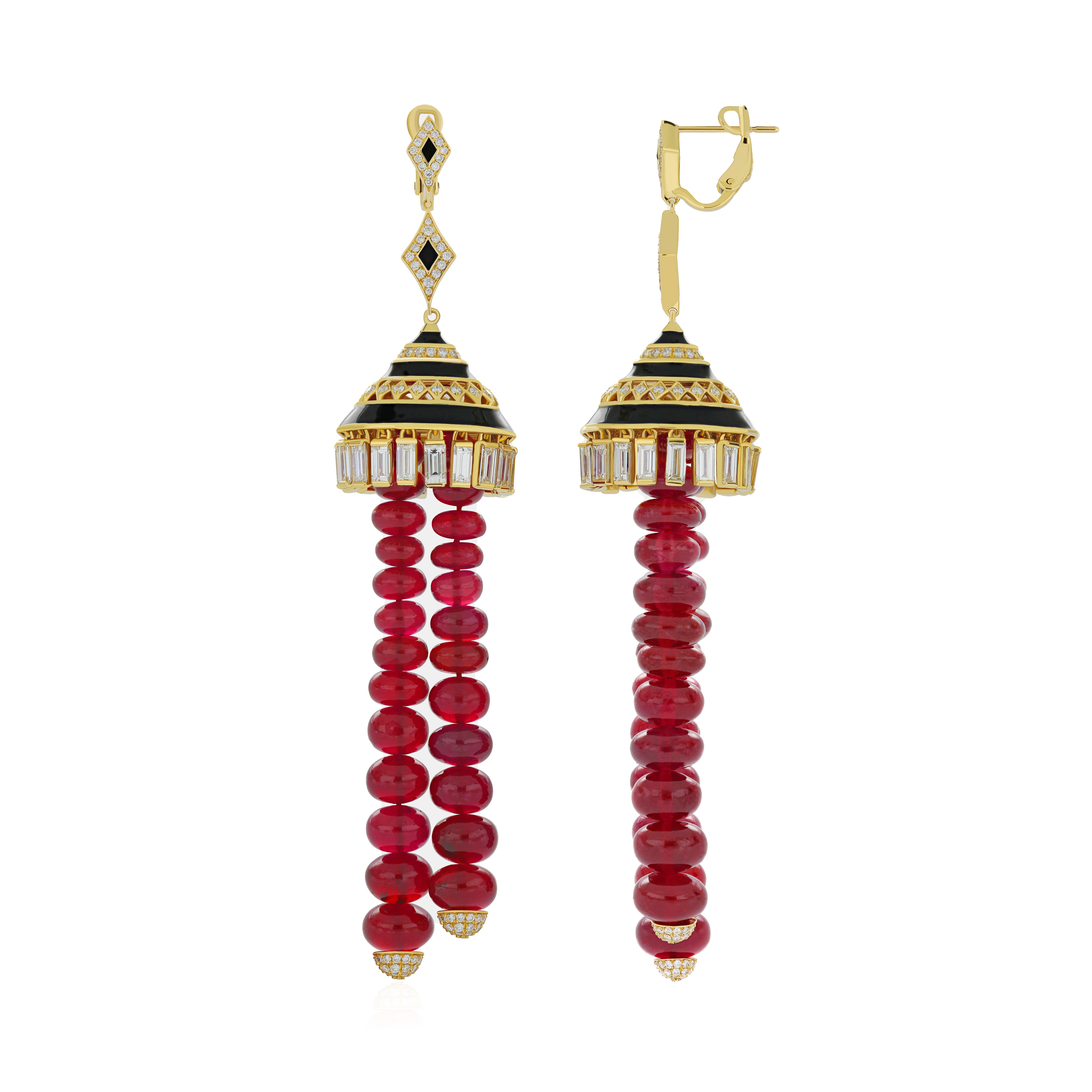 Elegant and Exquisitely Detailed 18 Karat Yellow Gold Earring. Set with Bead Ruby with approx. 113.98Cts, accented with Kite Shape Black Onyx approx. 0.11Cts, and micro pave set Diamond with approx. 5.18Cts, To further enhance the beauty chandelier