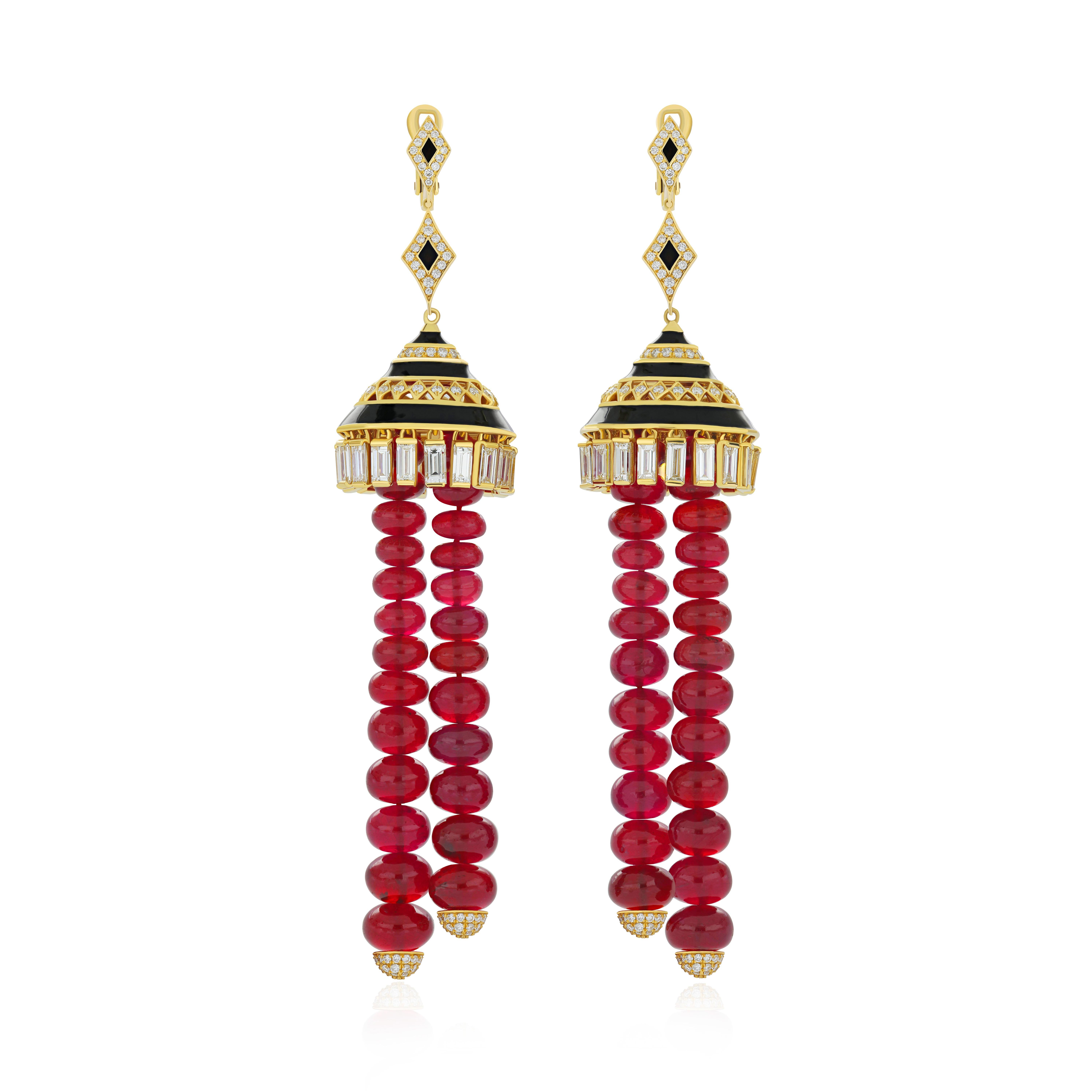 Bead Ruby, Diamond & Black Onyx with Enamel Chandelier Earrings in 18K Yellow Gold For Sale