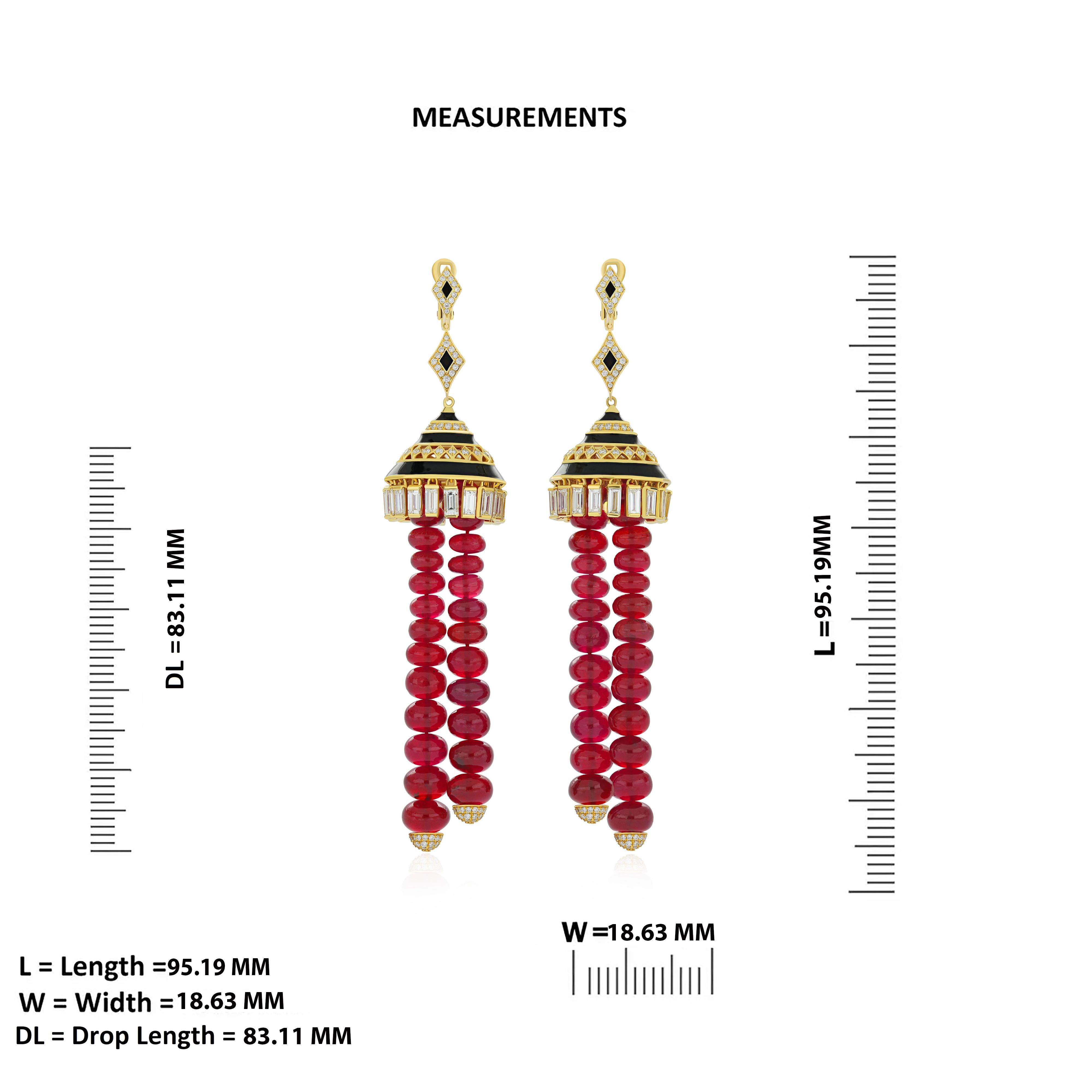 Bead Ruby, Diamond & Black Onyx with Enamel Chandelier Earrings in 18K Yellow Gold For Sale