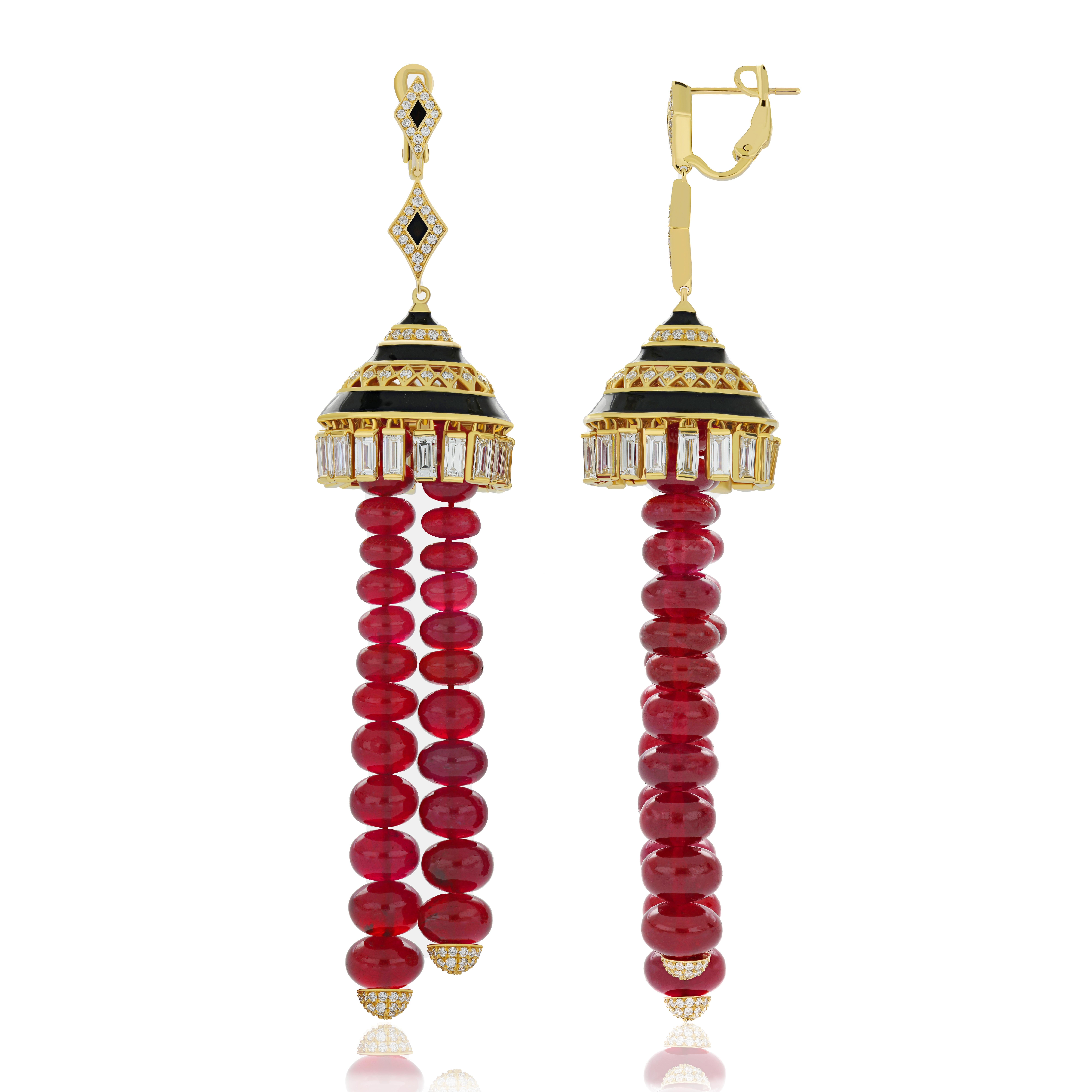 Women's Ruby, Diamond & Black Onyx with Enamel Chandelier Earrings in 18K Yellow Gold For Sale