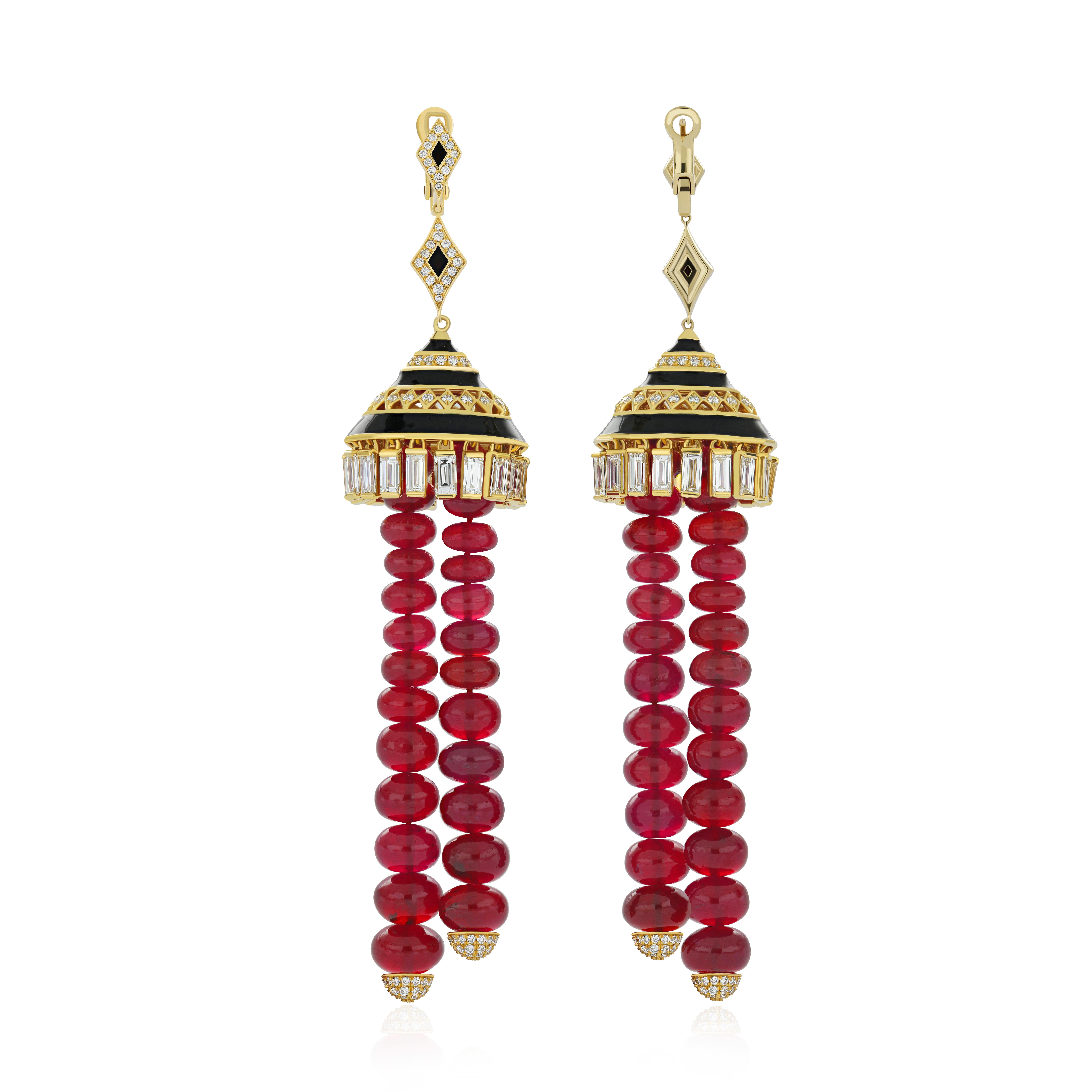 Ruby, Diamond & Black Onyx with Enamel Chandelier Earrings in 18K Yellow Gold For Sale 1