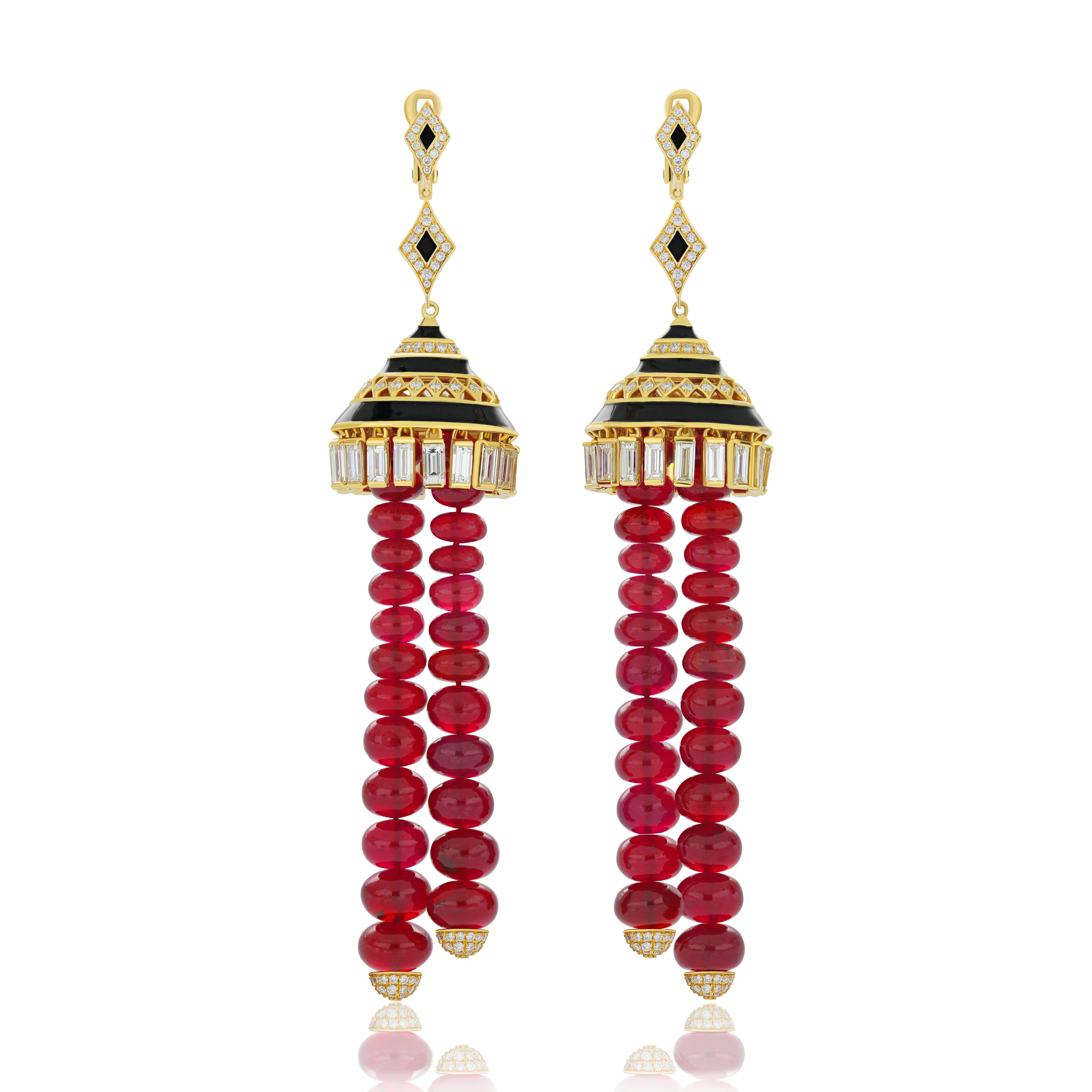 Ruby, Diamond & Black Onyx with Enamel Chandelier Earrings in 18K Yellow Gold For Sale 2