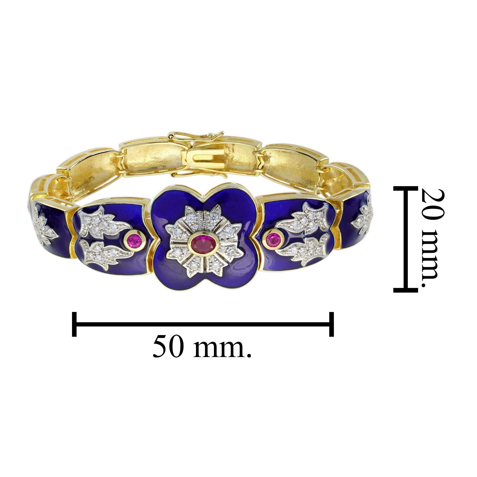 Women's Ruby Diamond Blue Enamel Antique Inspired Style 14K Yellow Gold Bracelet For Sale
