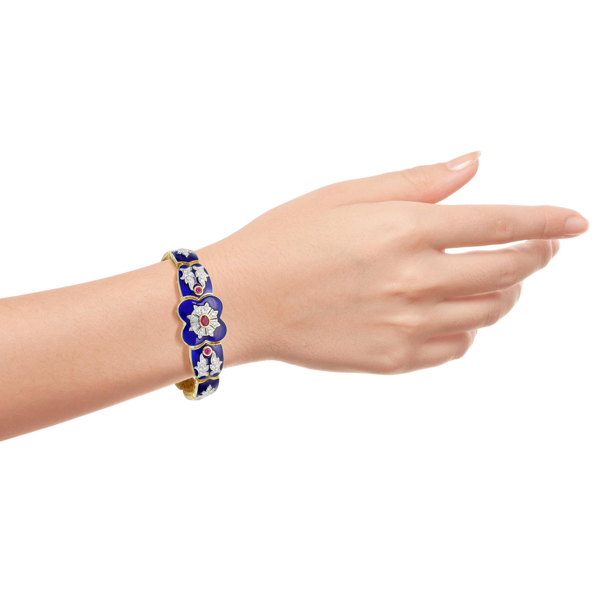 Ruby Diamond Blue Enamel Antique Inspired Style 14K Yellow Gold Bracelet For Sale 1