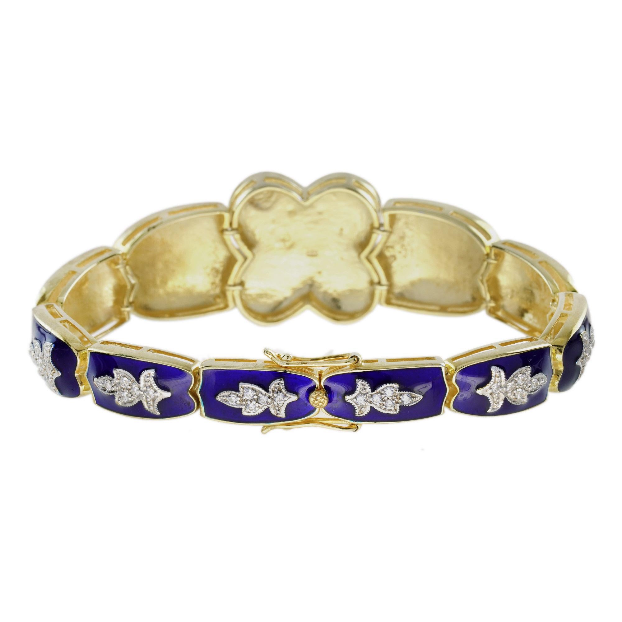 Art Deco Ruby Diamond Blue Enamel Antique Style Bracelet in 14K Yellow Gold For Sale