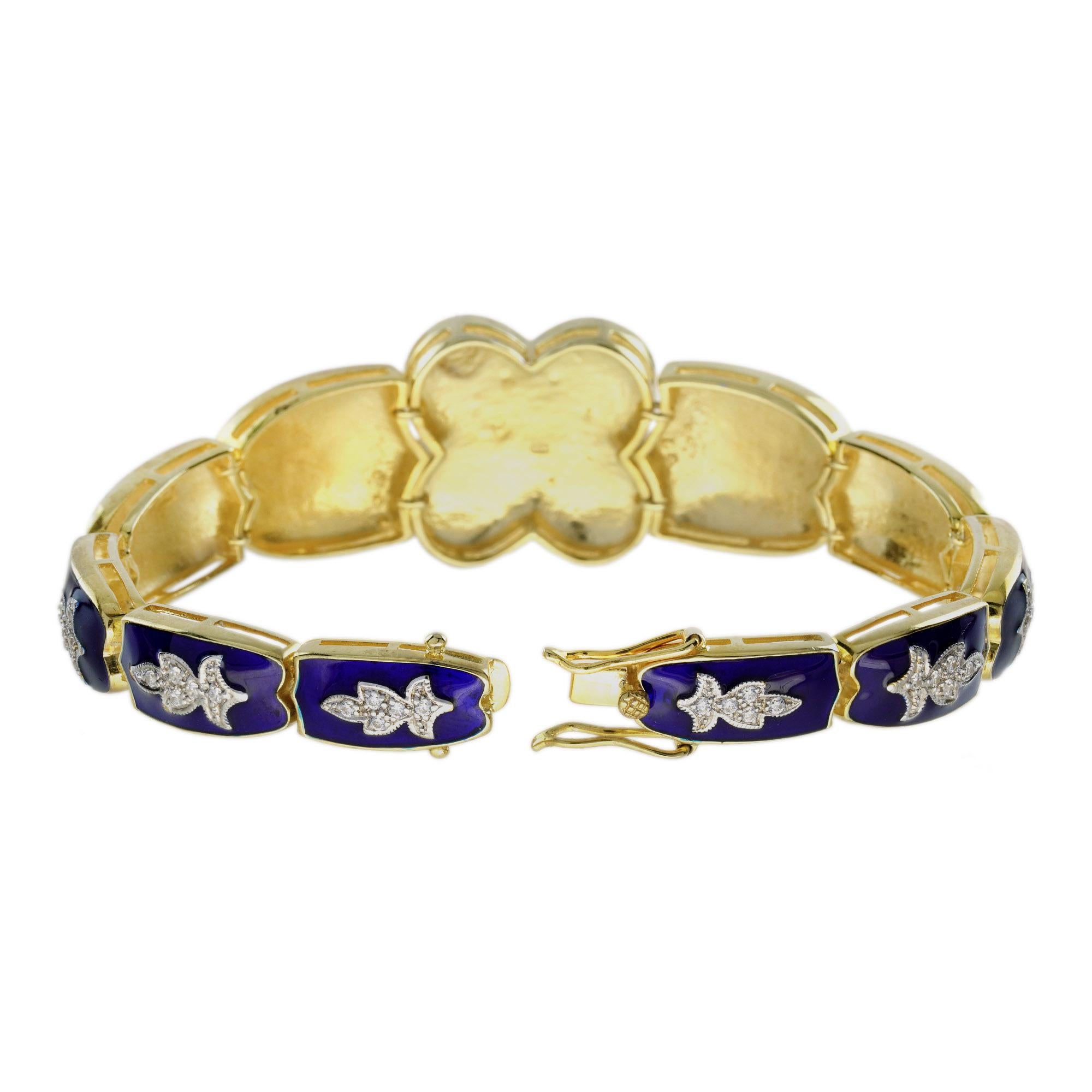 Oval Cut Ruby Diamond Blue Enamel Antique Style Bracelet in 14K Yellow Gold For Sale