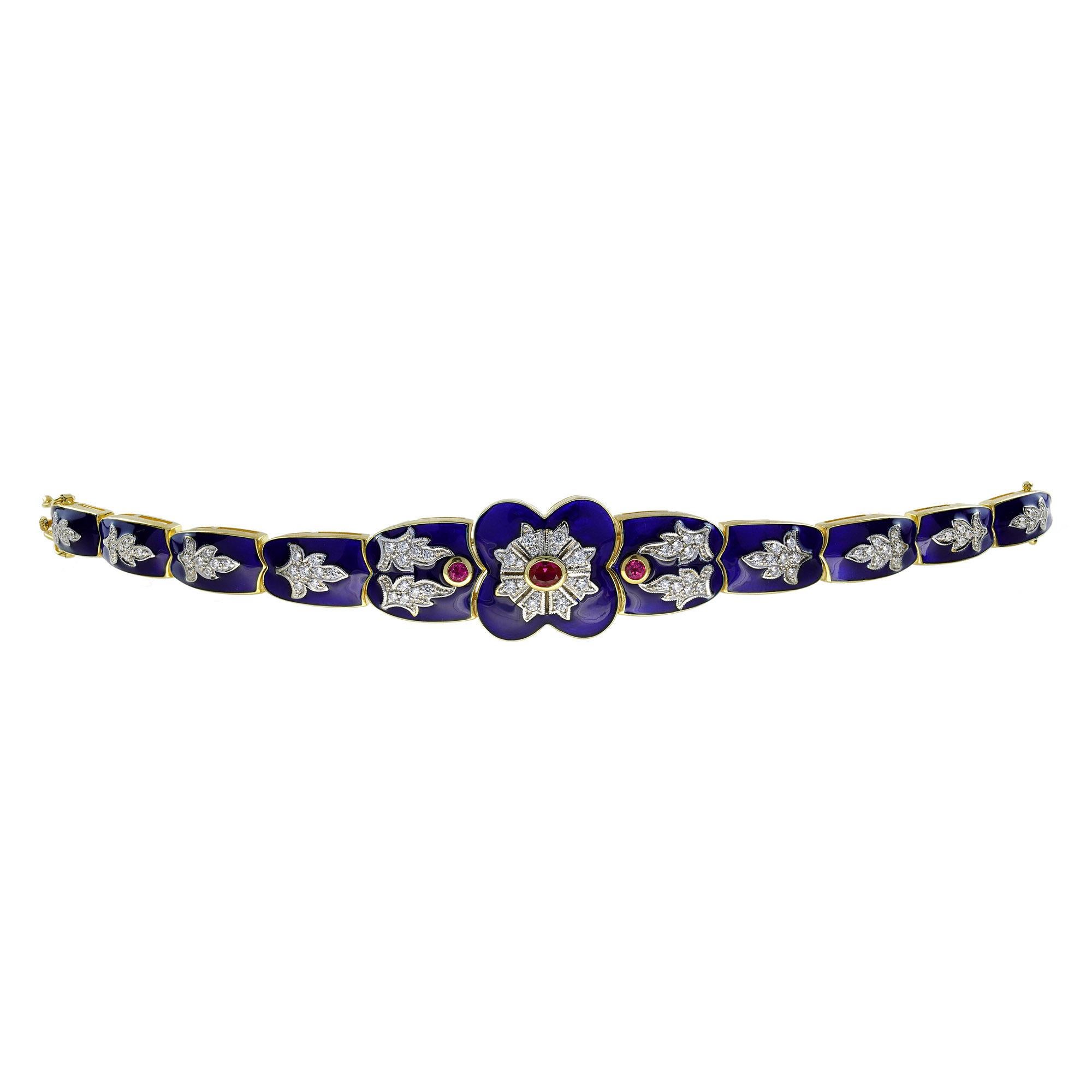 De las mujeres Rubí Diamante Azul Esmalte Pulsera Estilo Antiguo en Oro Amarillo de 14K en venta