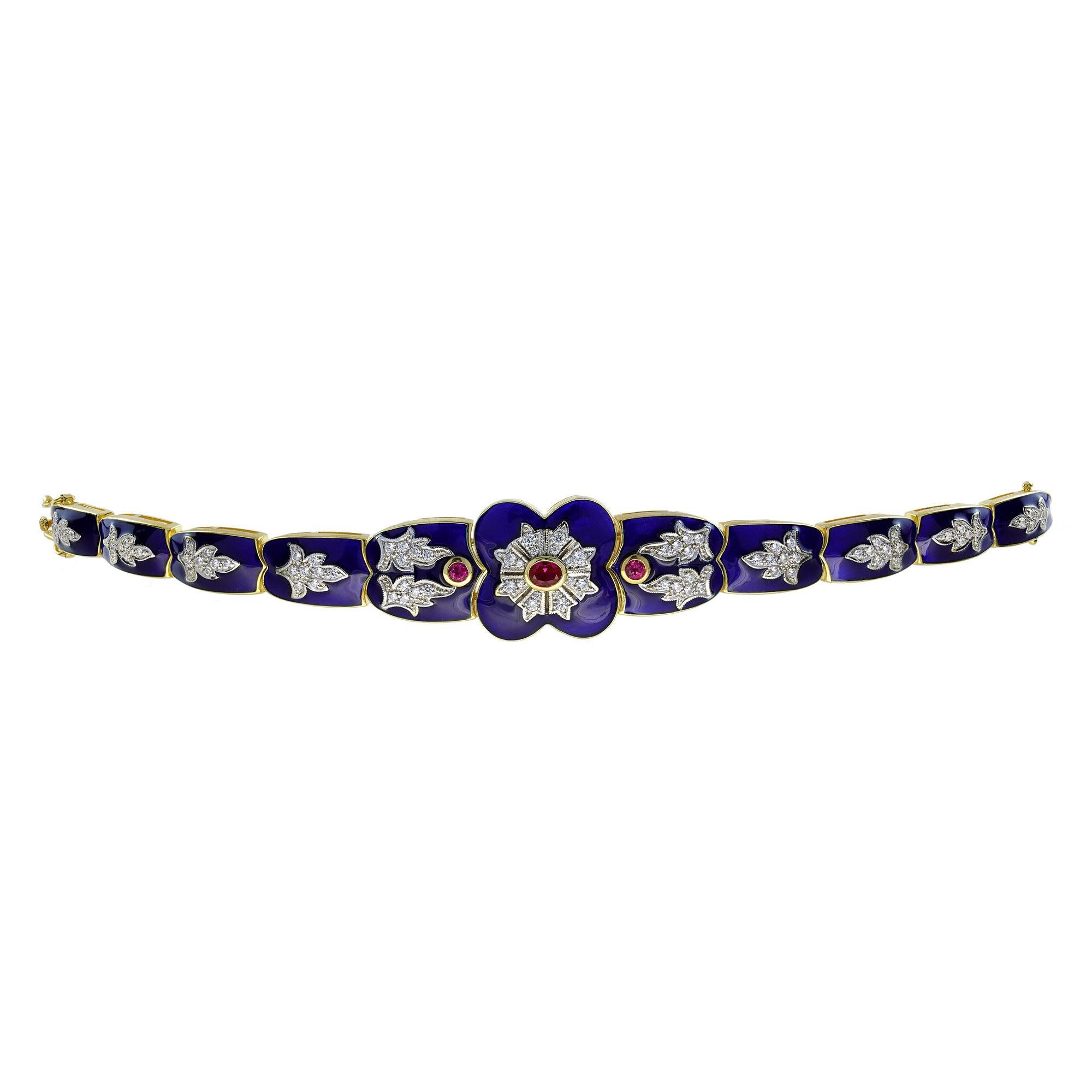 Women's Ruby Diamond Blue Enamel Antique Style Bracelet in 14K Yellow Gold For Sale