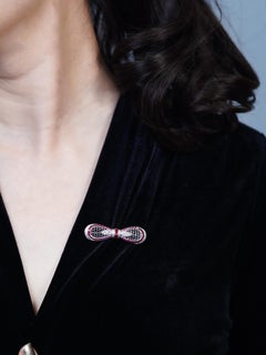 Ruby Diamond Bow Brooch with Openwork Design in 14KWhite Gold