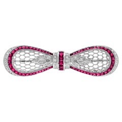Ruby Diamond Bow Brooch with Openwork Design in 14KWhite Gold