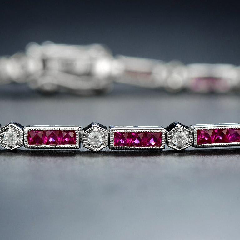 Art Deco Alternate Triple Ruby and Round Diamond Link Bracelet in 18K White Gold For Sale