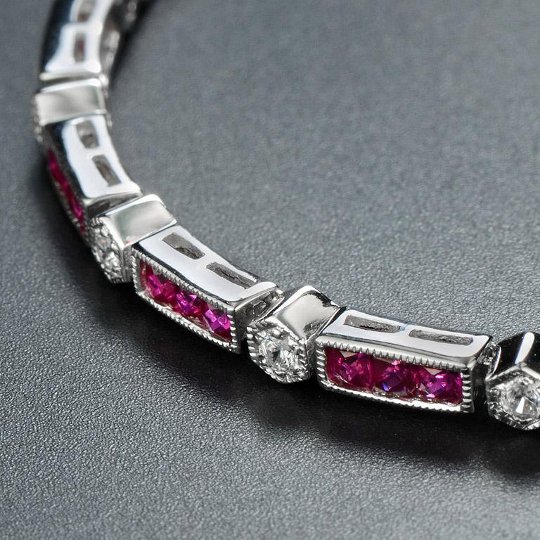 French Cut Alternate Triple Ruby and Round Diamond Link Bracelet in 18K White Gold For Sale