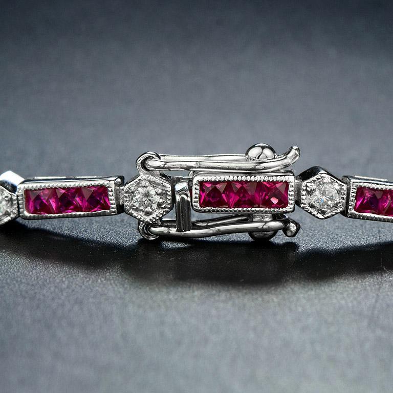 Women's Alternate Triple Ruby and Round Diamond Link Bracelet in 18K White Gold For Sale