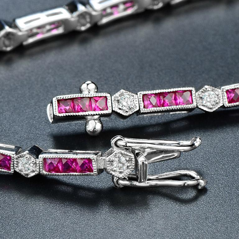 Alternate Triple Ruby and Round Diamond Link Bracelet in 18K White Gold For Sale 1