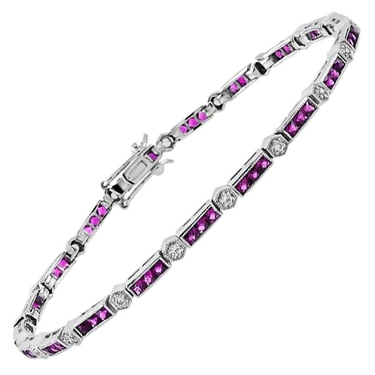 Alternate Triple Ruby and Round Diamond Link Bracelet in 18K White Gold For Sale