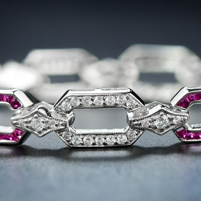 Rough Cut Ruby and Diamond Art Deco Style Chain Bracelet in 18K White Gold For Sale