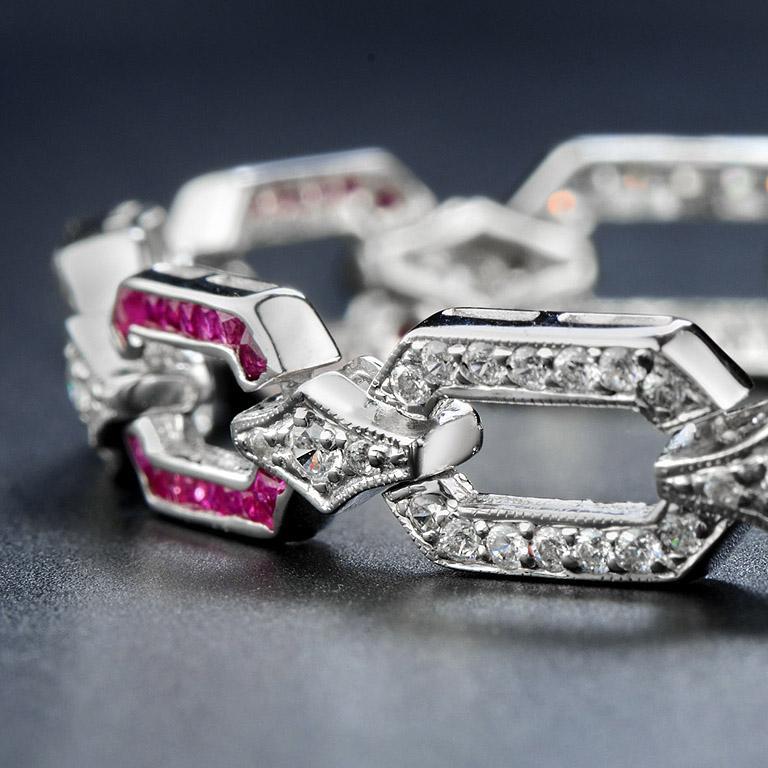Ruby and Diamond Art Deco Style Chain Bracelet in 18K White Gold In New Condition For Sale In Bangkok, TH