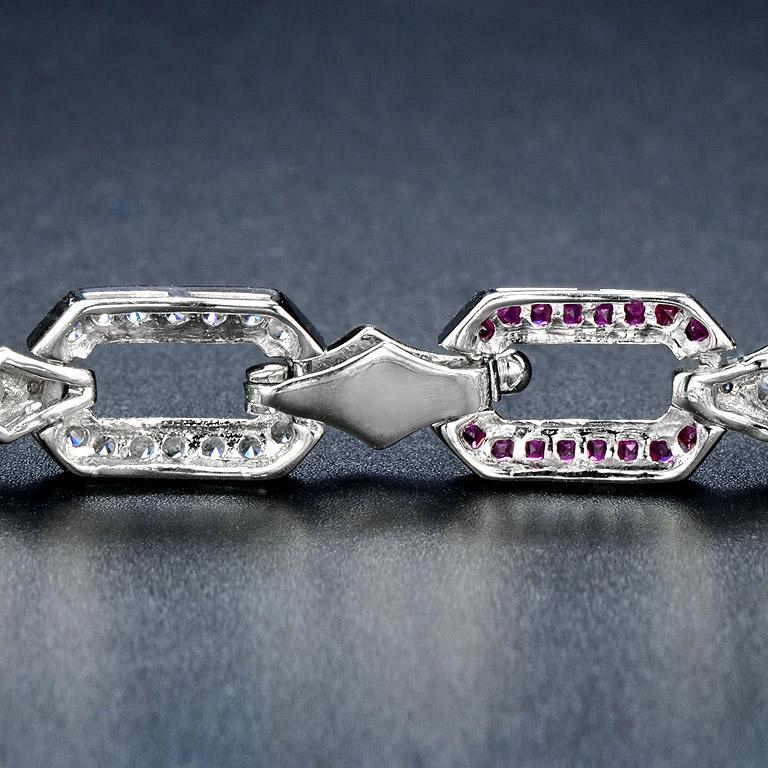 Women's or Men's Ruby and Diamond Art Deco Style Chain Bracelet in 18K White Gold For Sale