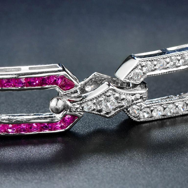 Ruby and Diamond Art Deco Style Chain Bracelet in 18K White Gold For Sale 1