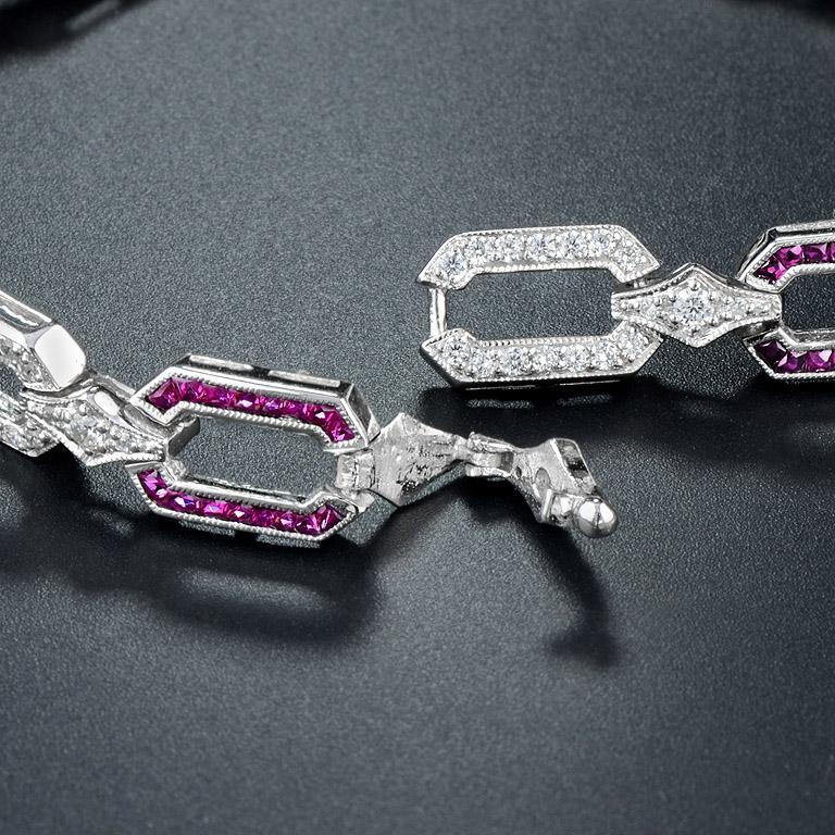Ruby and Diamond Art Deco Style Chain Bracelet in 18K White Gold For Sale 2