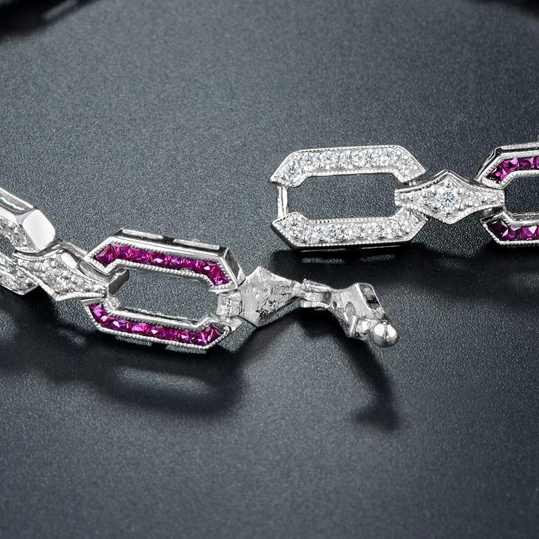Ruby and Diamond Art Deco Style Chain Bracelet in 18K White Gold 2