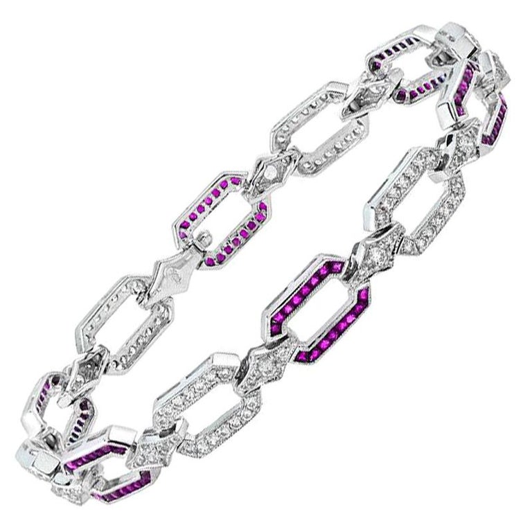 Ruby and Diamond Art Deco Style Chain Bracelet in 18K White Gold For