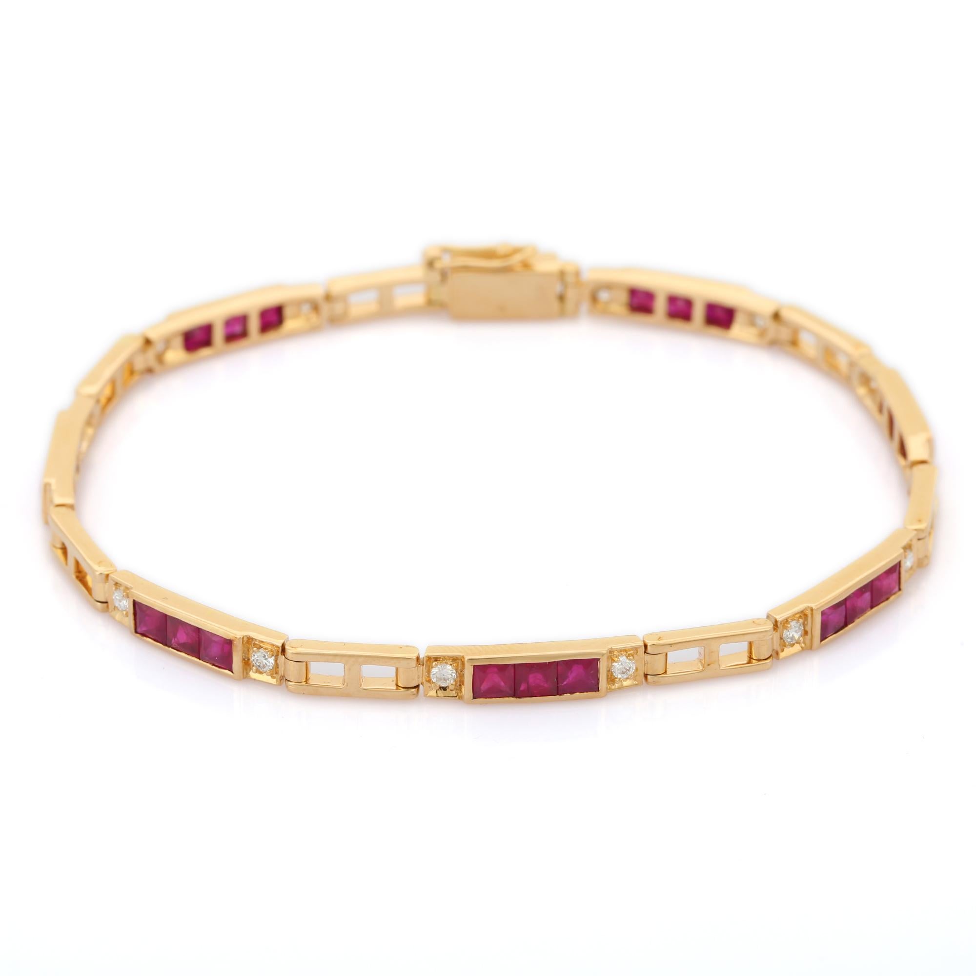 Bracelet en or jaune 18 carats avec rubis et diamants en vente 1