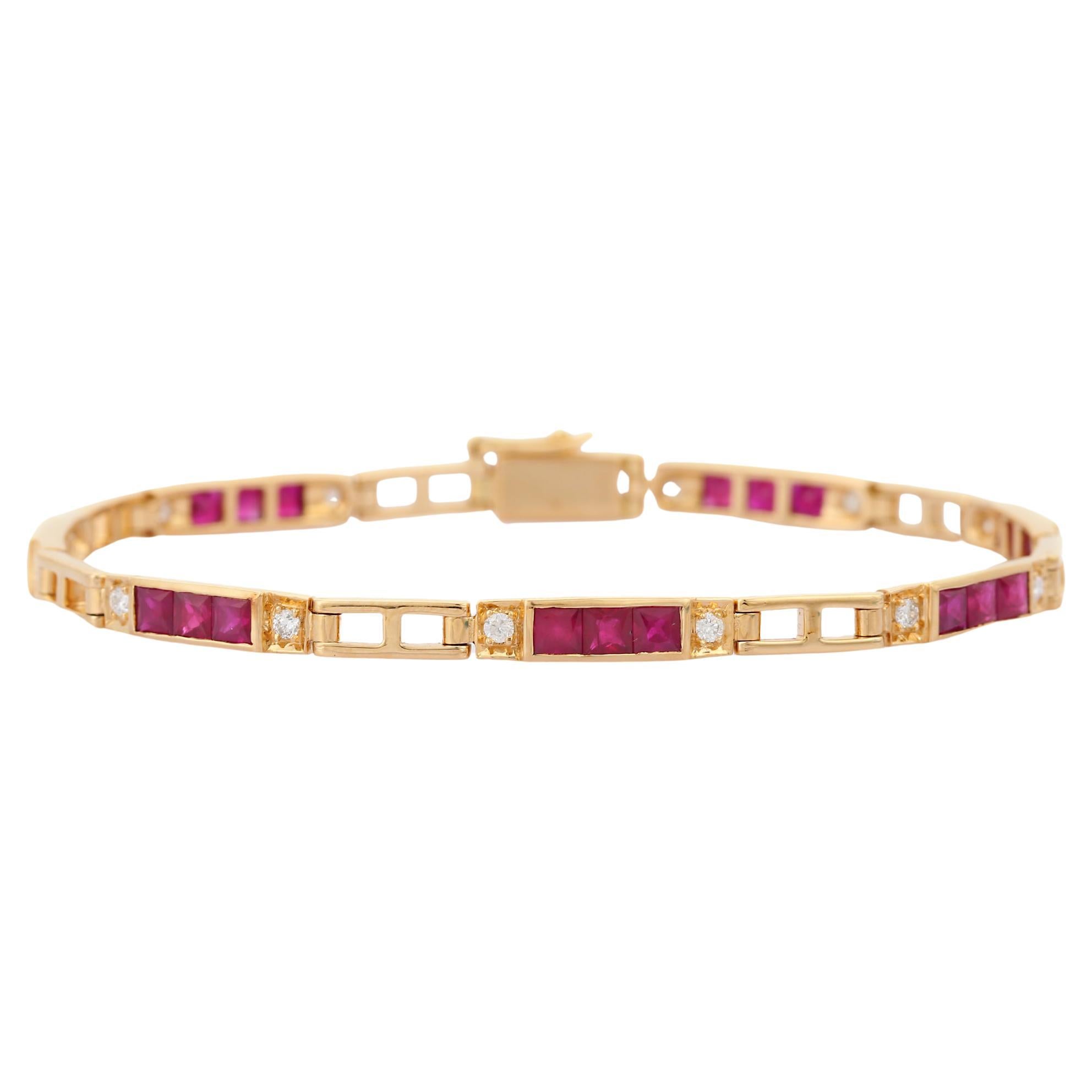 Bracelet en or jaune 18 carats avec rubis et diamants en vente