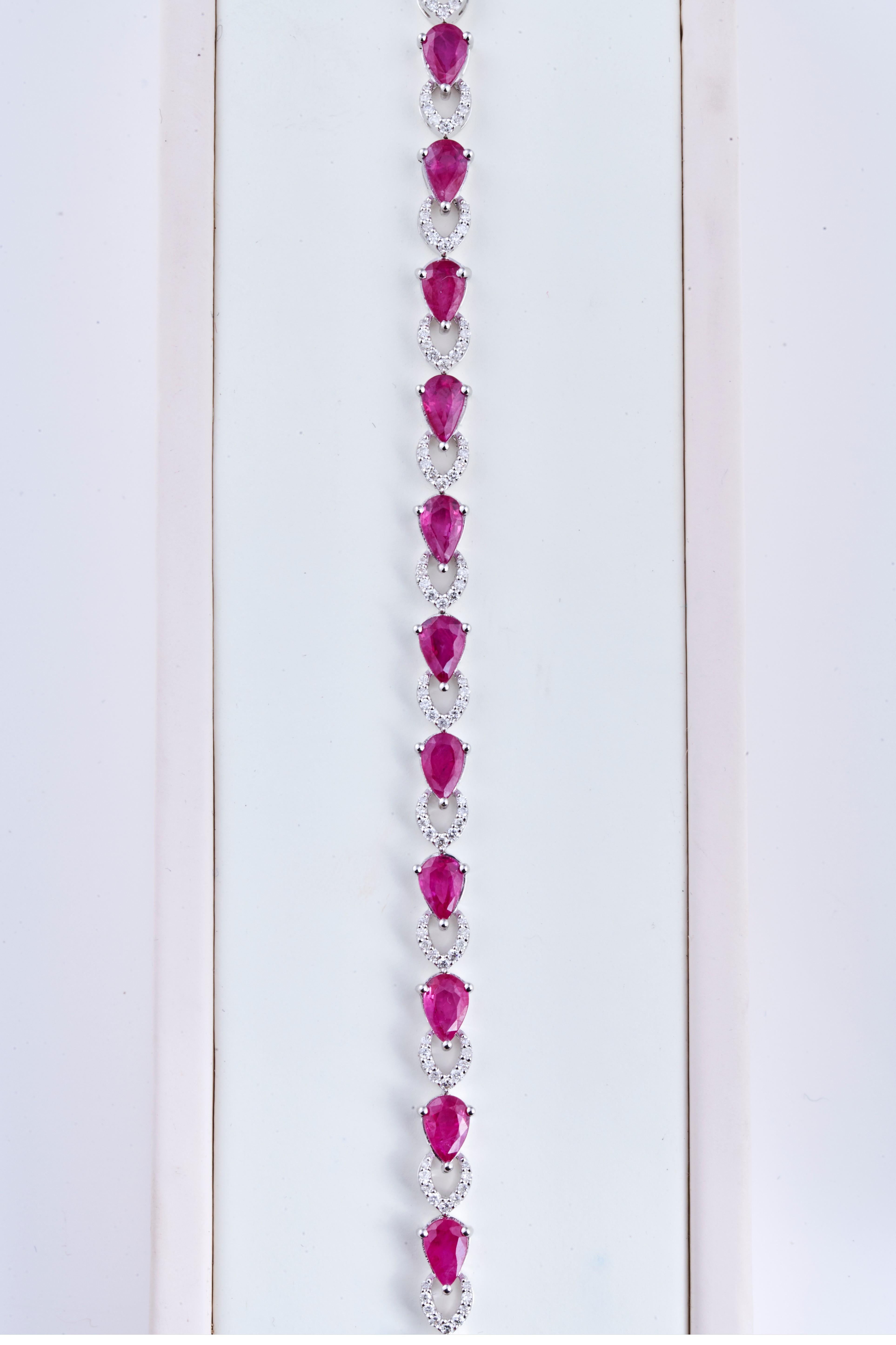 Pear Cut Ruby Diamond Bracelet in 18 Karat White Gold Weighing 11.89 Grams in 0.65 Carat For Sale