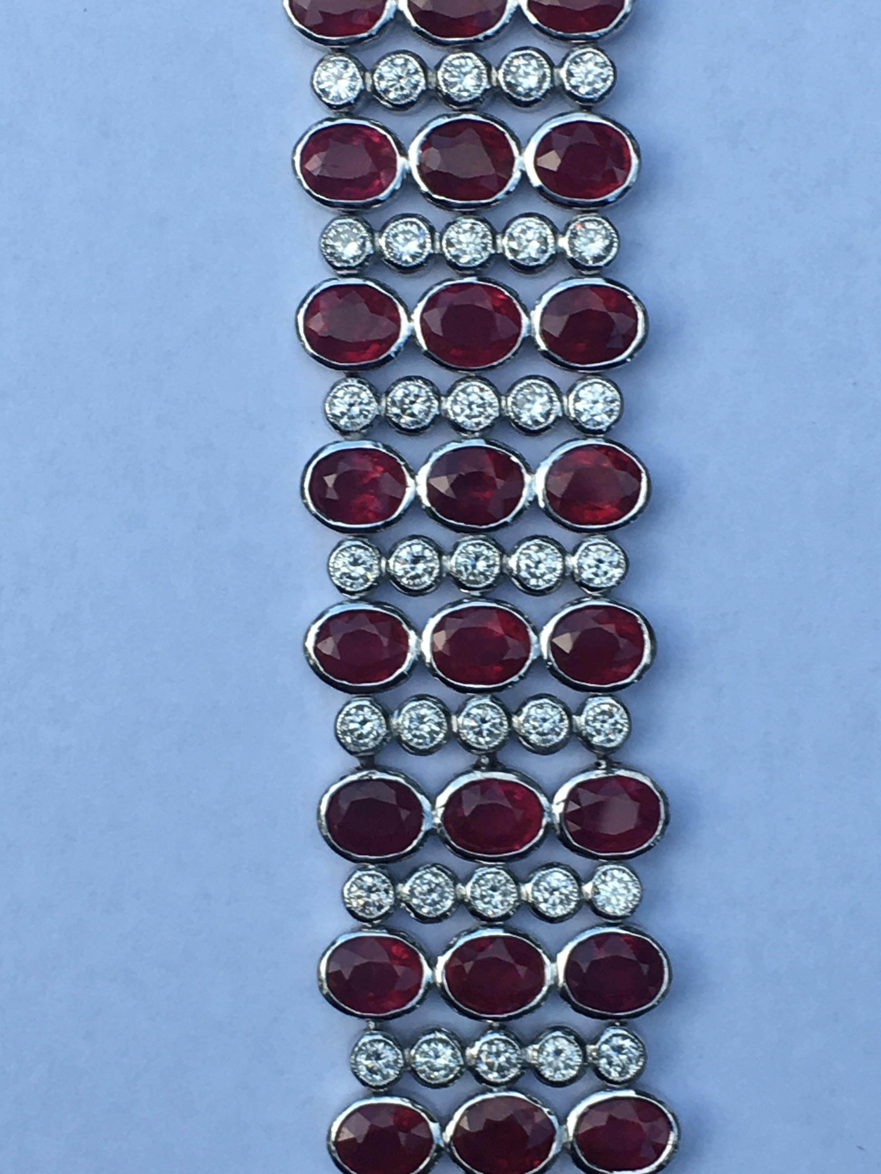 Natural Ruby and diamonds Set in 18K White gold.Total Weight of Ruby is 31.90 Carat and Total weight of Diamond is 5.12 Carat.The Bracelet is one of a kind hand crafted,