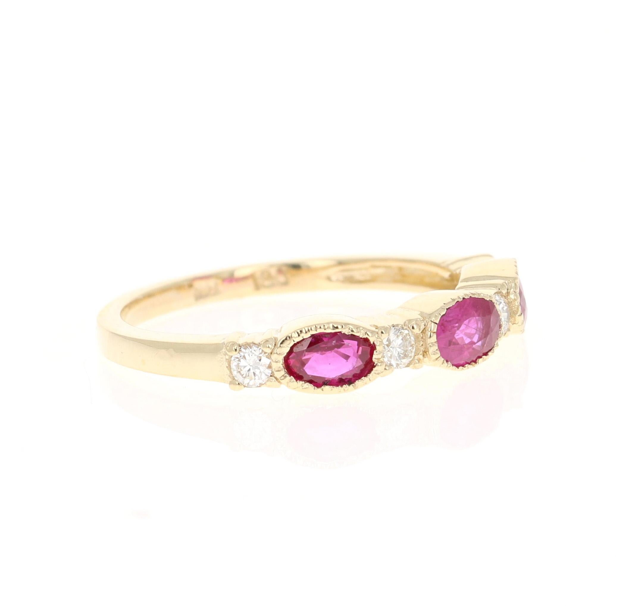 This ring has 3 Oval Cut Rubies that weigh 1.15 carats and 4 Round Cut Diamonds that weigh 0.17 carats. (Clarity: VS, Color: H) The total carat weight of the ring is 1.34 carats. 

The ring is designed in 14 Karat Yellow Gold and weighs