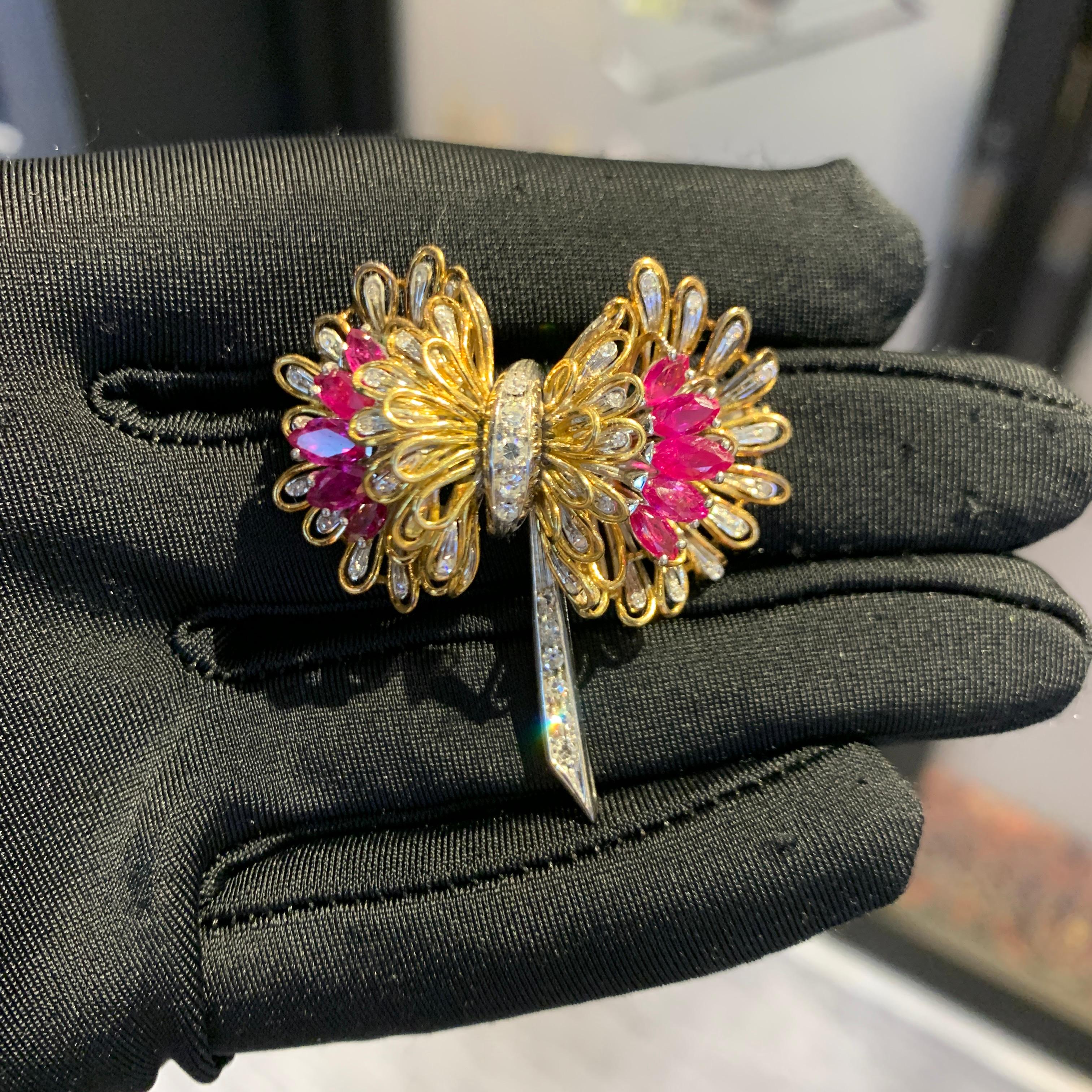 Marquise Cut Ruby & Diamond Brooch For Sale