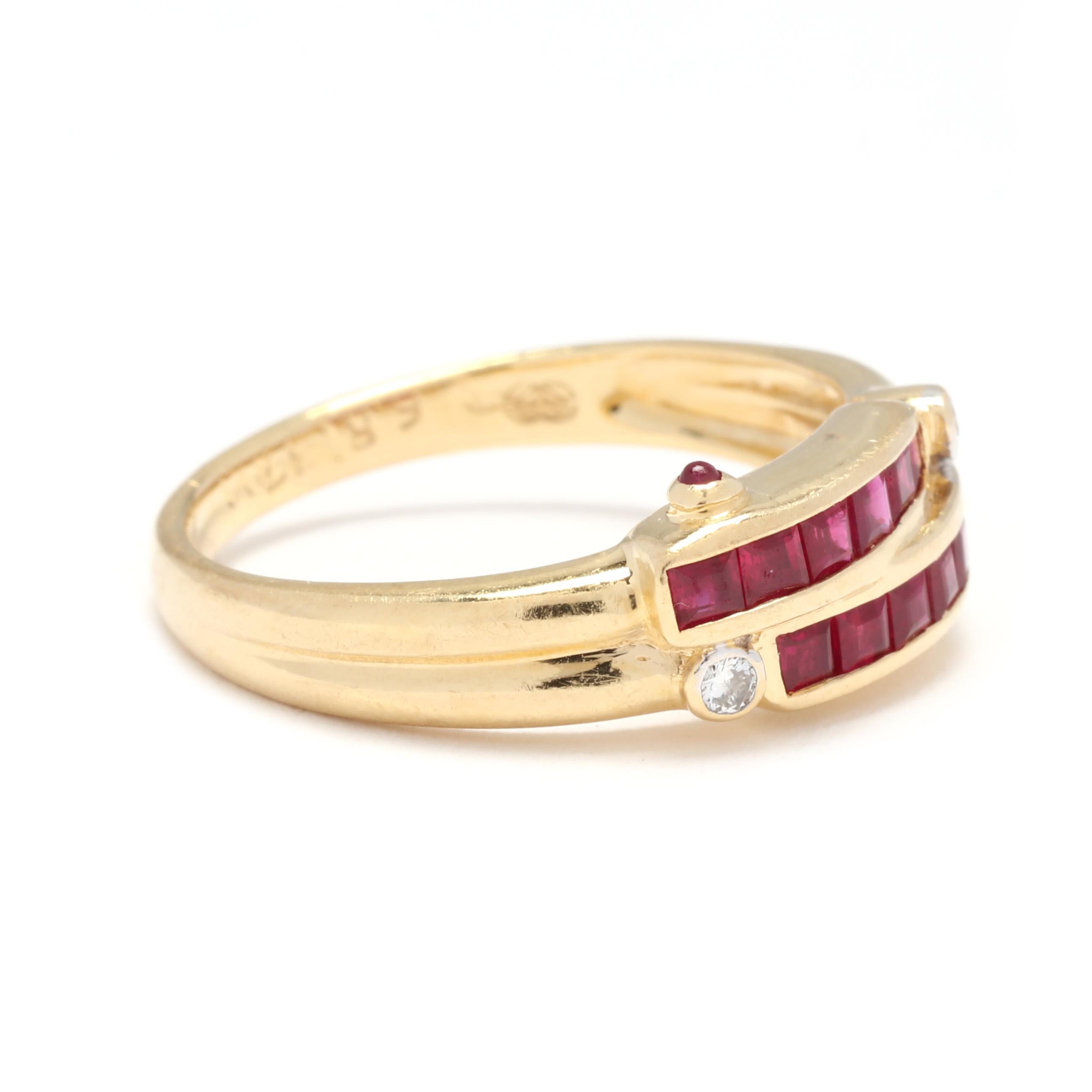 A vintage 18 karat yellow gold ruby and diamond bypass band ring. This July birthstone ring features a double row of square cut rubies weighing approximately .60 total carats with a bezel set, round brilliant cut diamond at the end of each row and