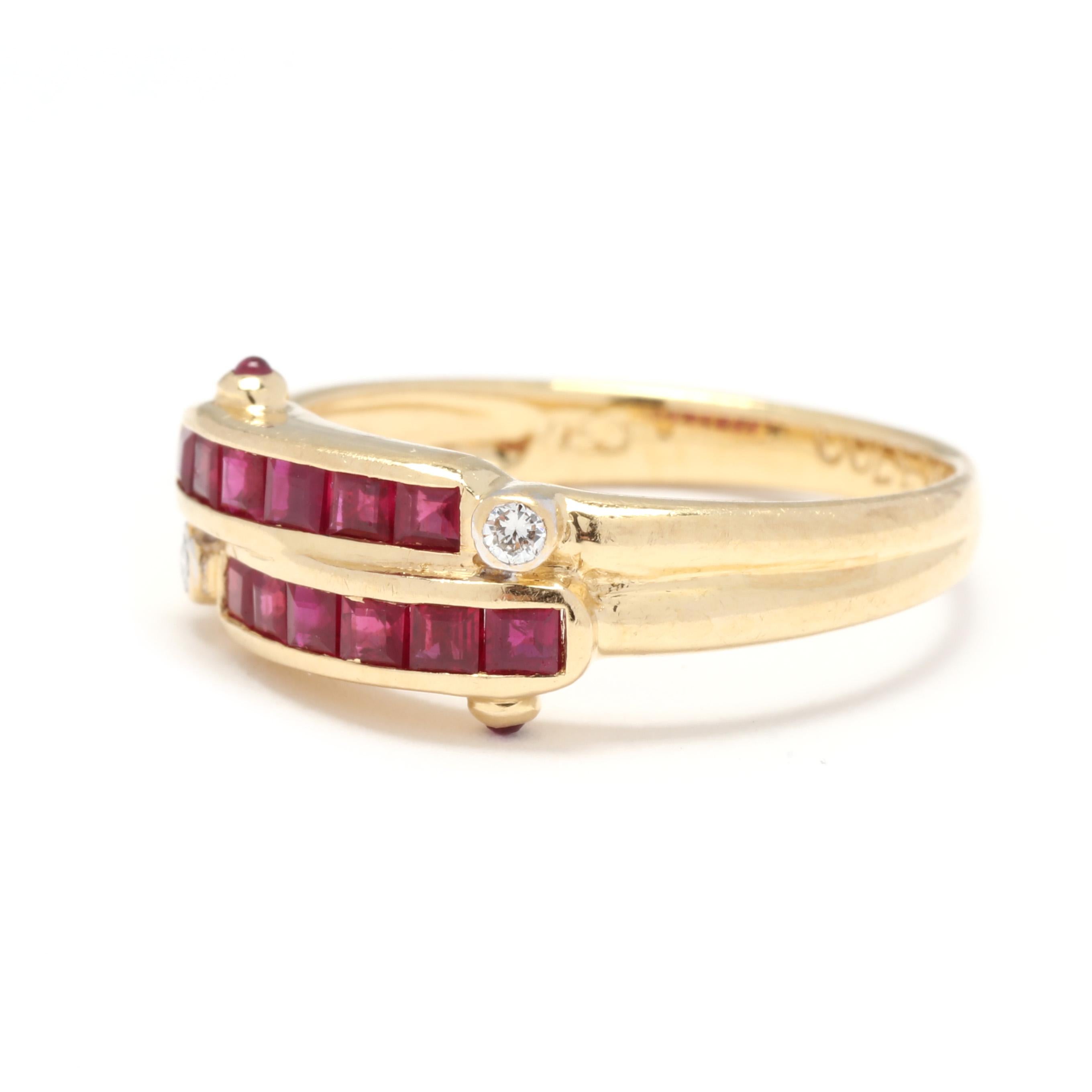 Ruby Diamond Bypass Band Ring, 18KT Yellow Gold, Ring In Good Condition In McLeansville, NC