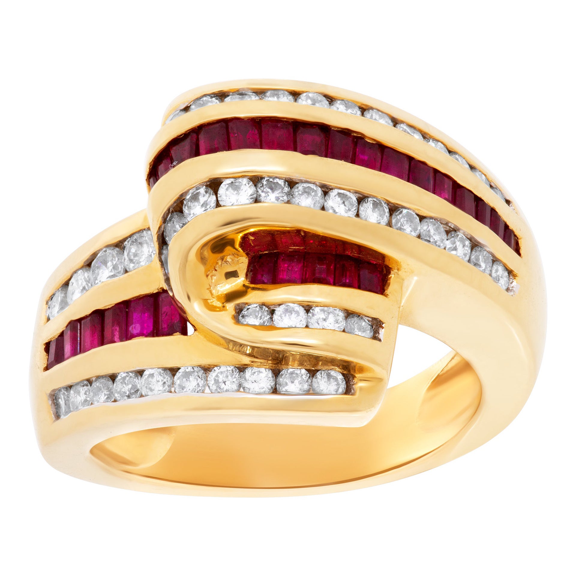 Ruby & diamond bypass swirl ring in 18k gold For Sale