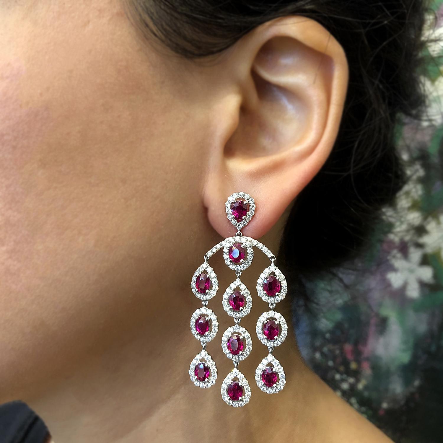 Modern Ruby Diamond Chandelier Gold Drop Earrings