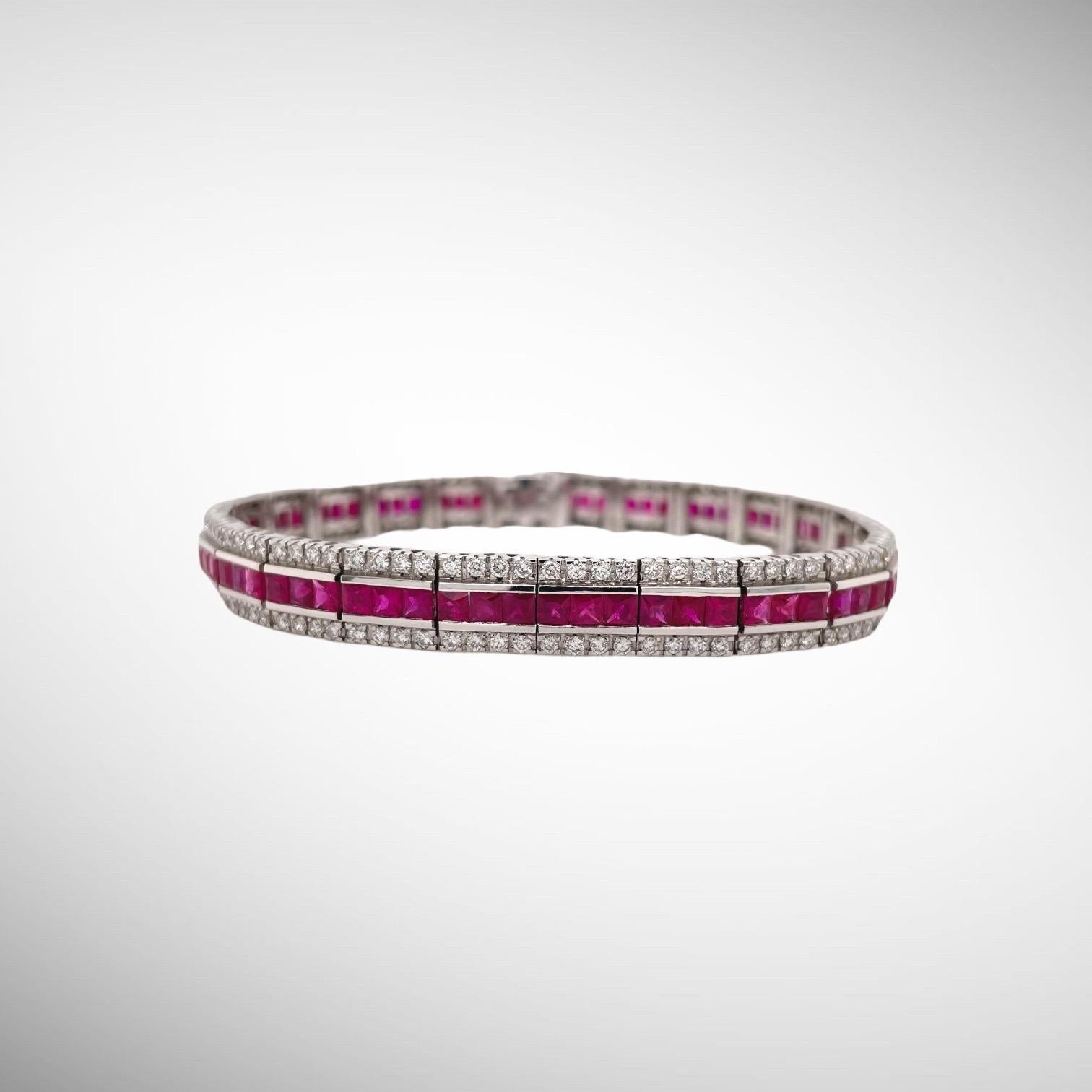 Contemporary Ruby & Diamond Channel Set Bracelet in 18k White Gold