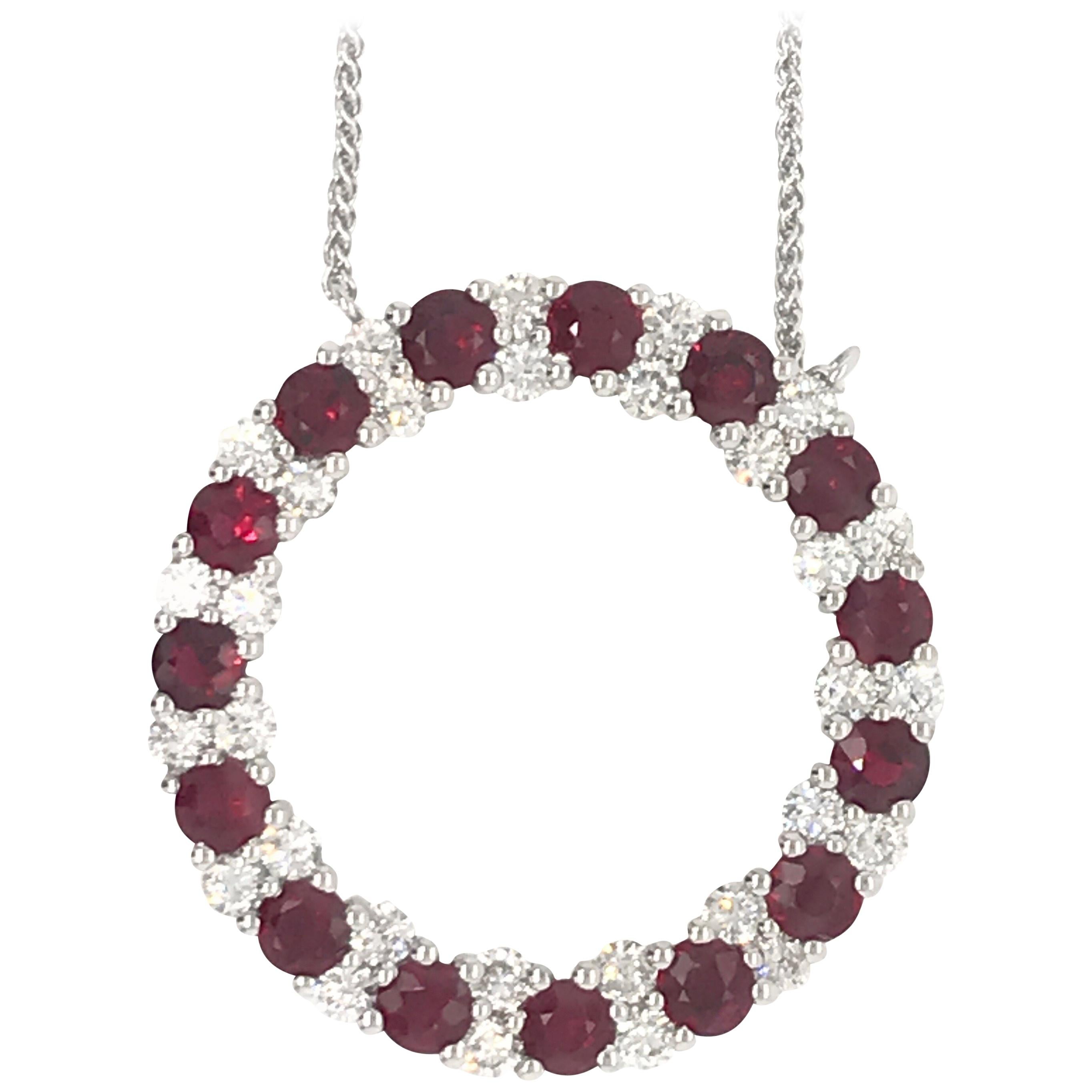 Ruby Diamond Circle Pendant Necklace 3.89 Carat