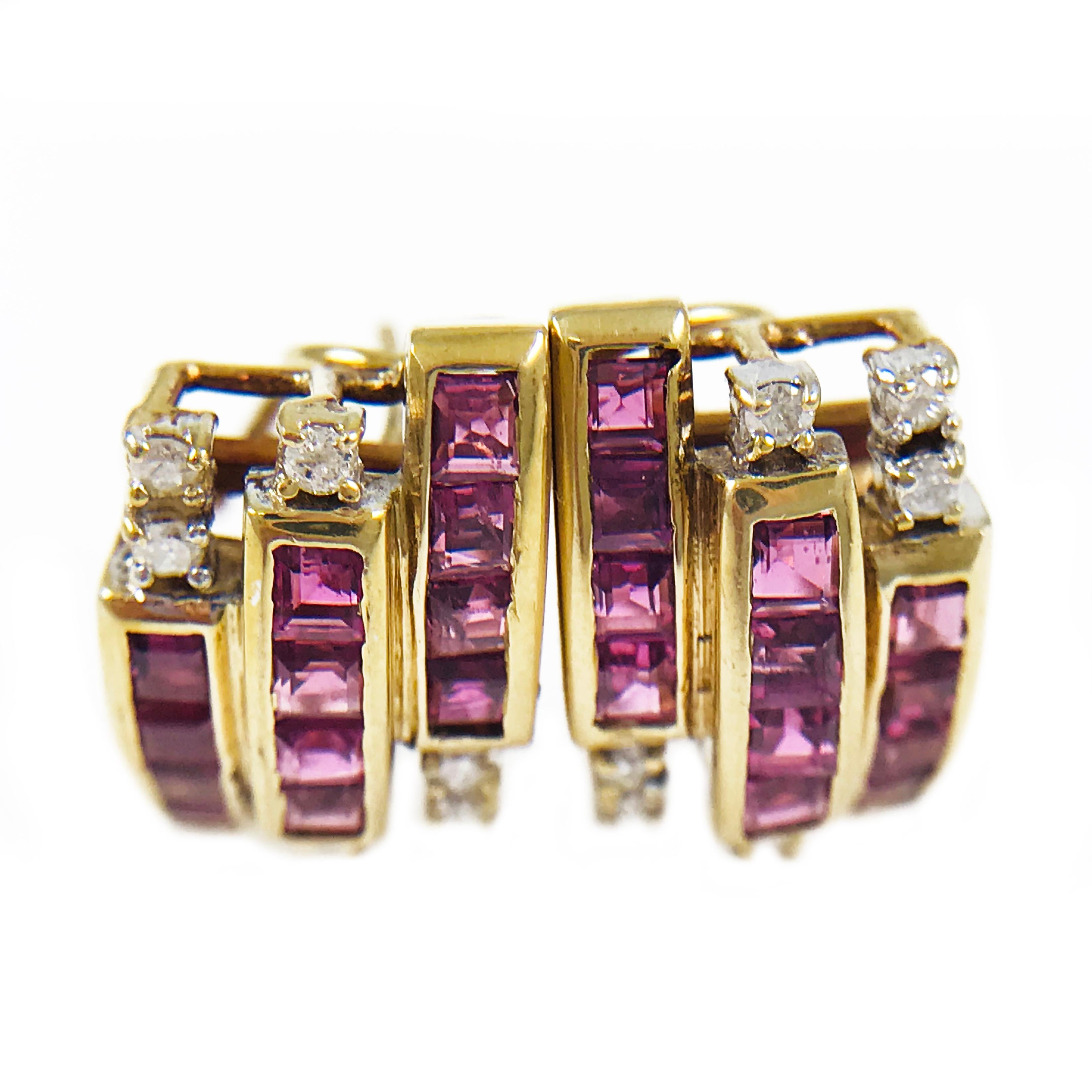 14 Karat Ruby Diamond Clip-On Earrings. Princess cut Rubies channel set in three rows. The total carat weight of the Rubies is 0.40ctw. The total carat weight of the twelve round brilliant cut diamonds is 0.12ctw. These sparkling earrings have a