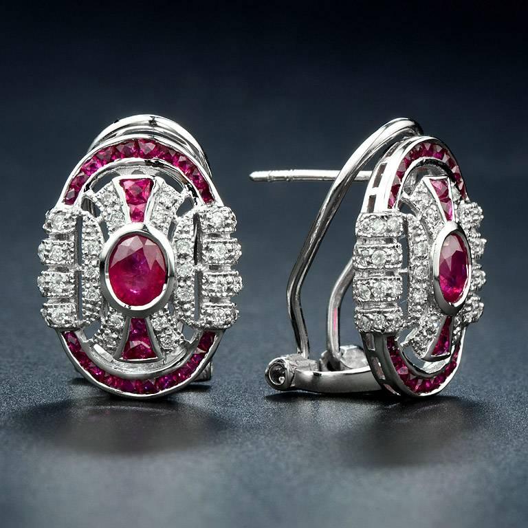 Art Deco Ruby Diamond Clip-On Earrings